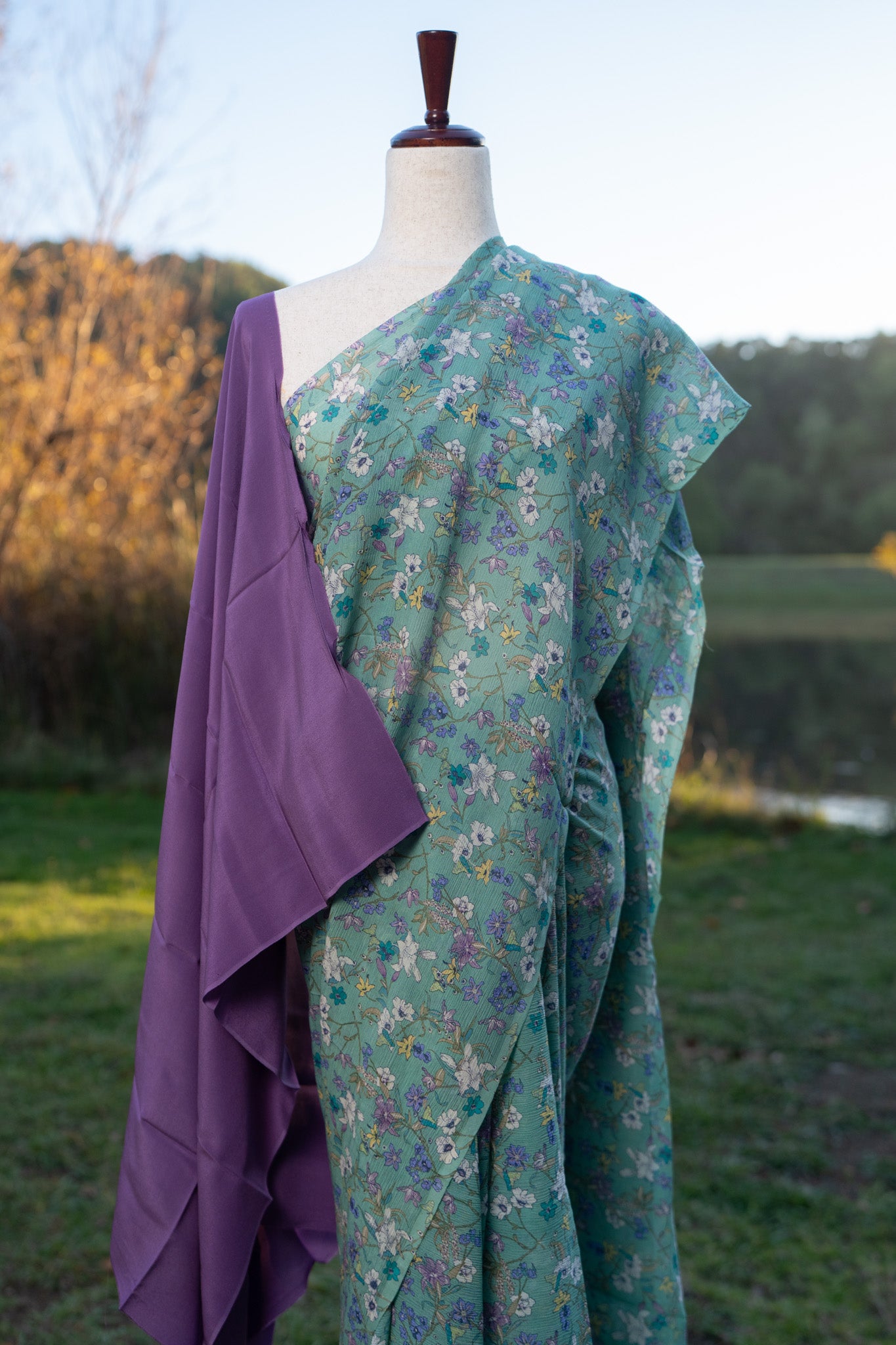 Green printed chiffon saree