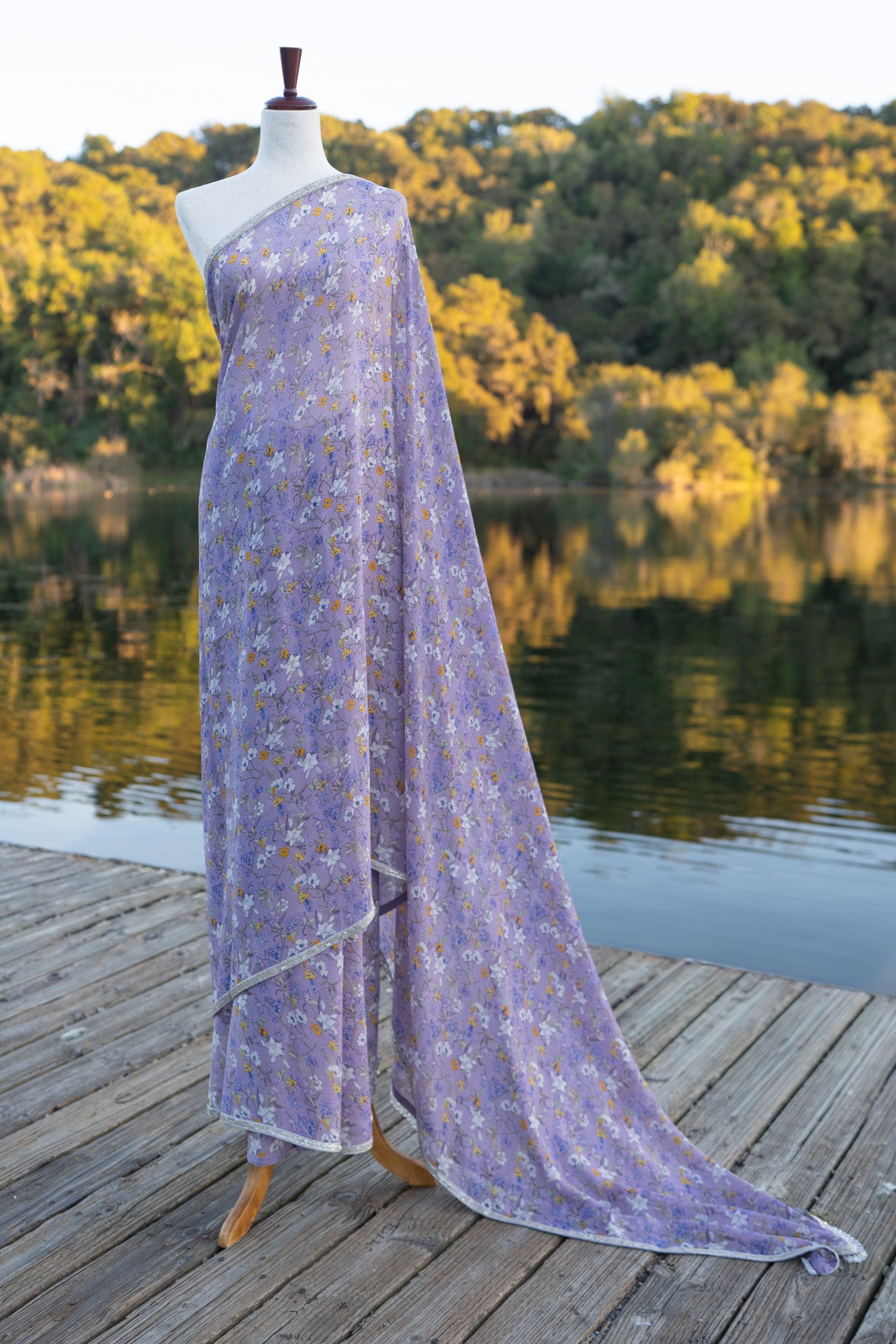 Printed chiffon saree with hand embroidered border