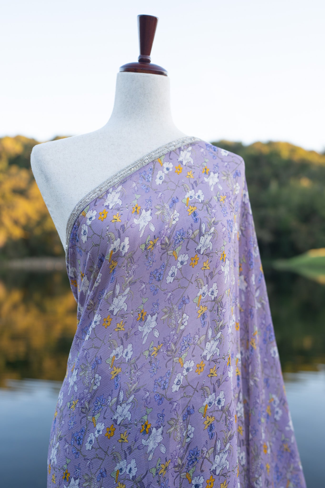 Printed chiffon saree with hand embroidered border