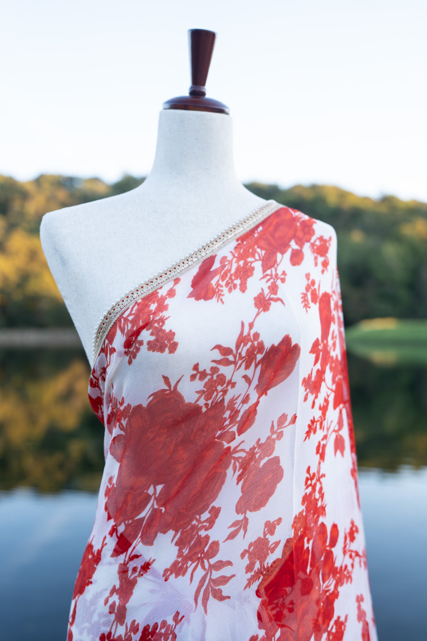 Printed chiffon saree with small lace border