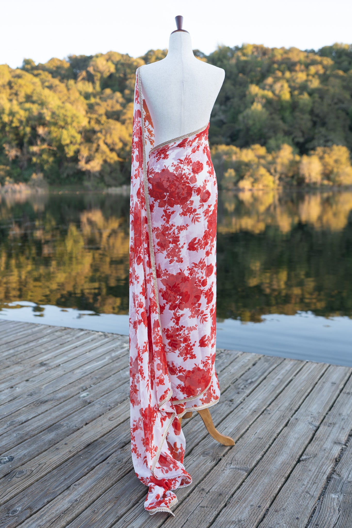 Printed chiffon saree with small lace border