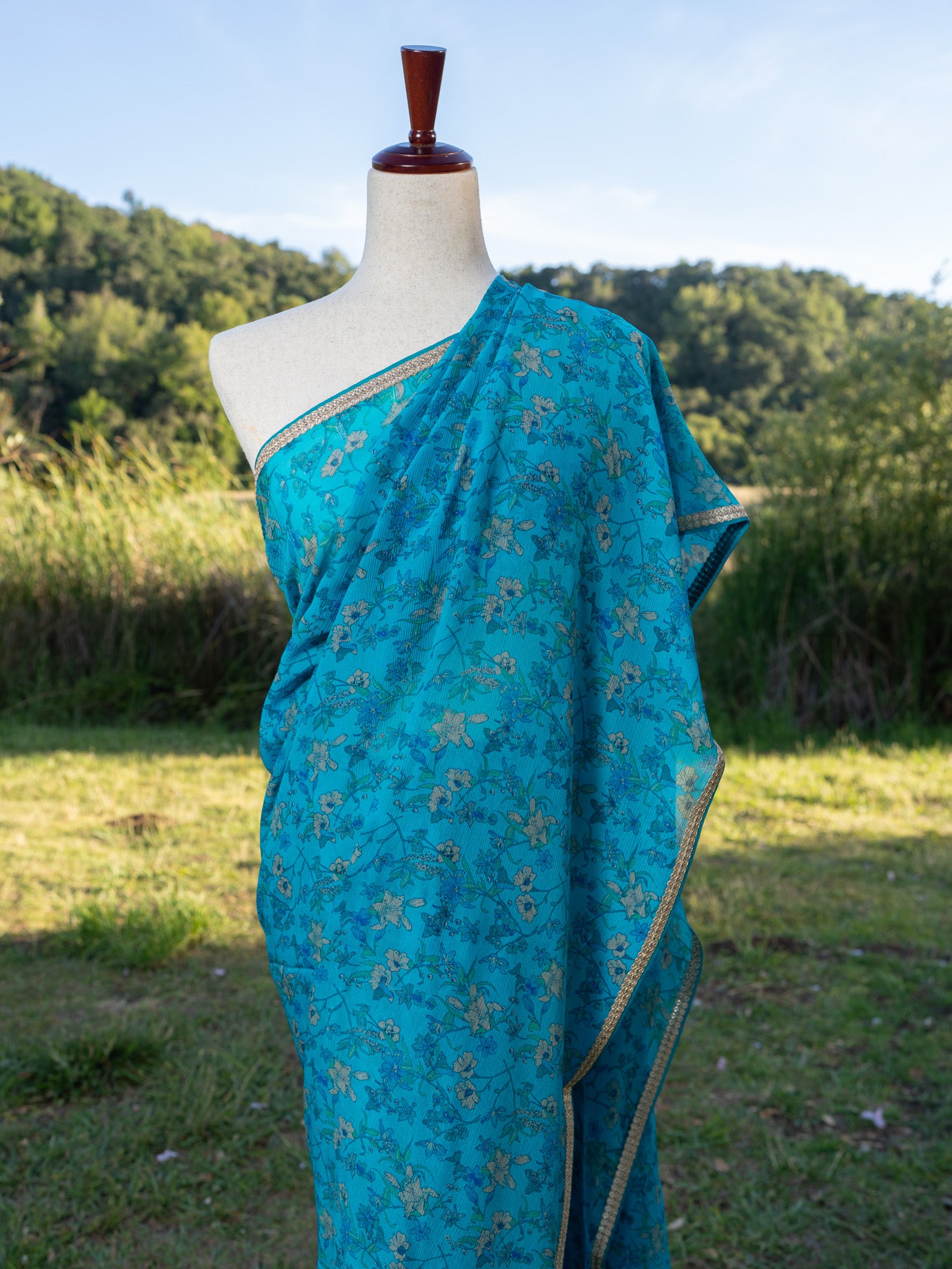 Blue printed chiffon saree