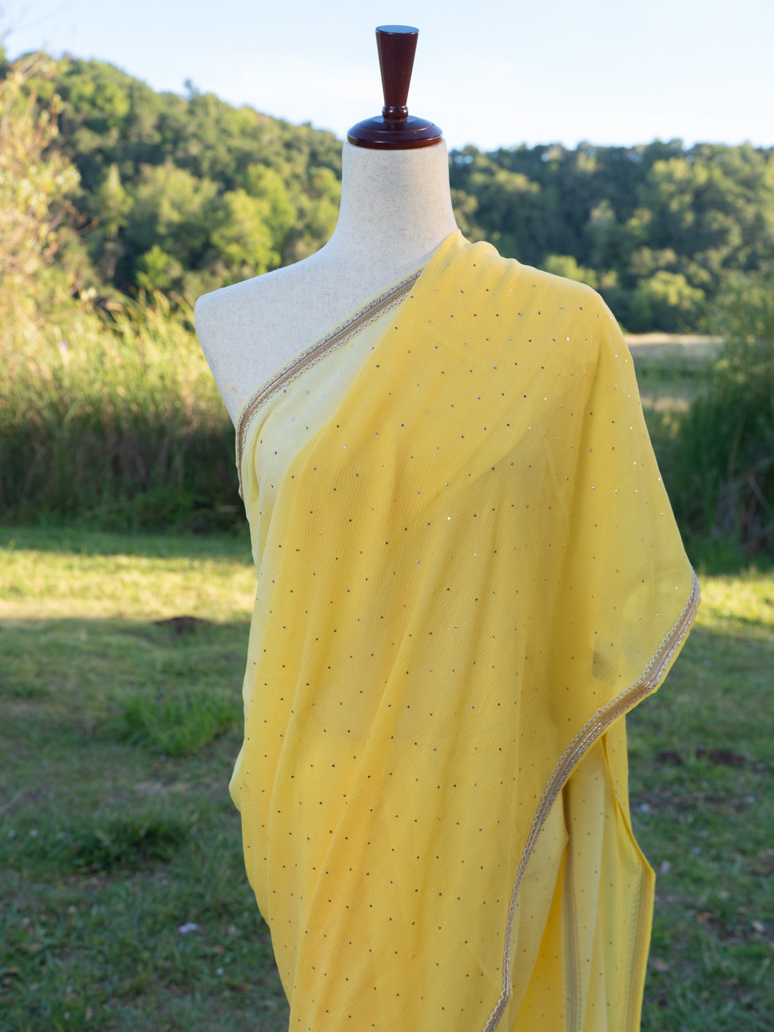 Yellow printed chiffon saree