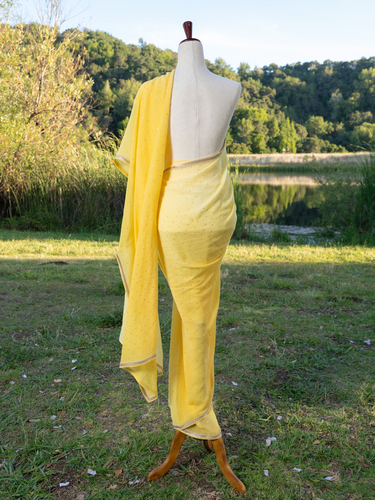 Yellow printed chiffon saree