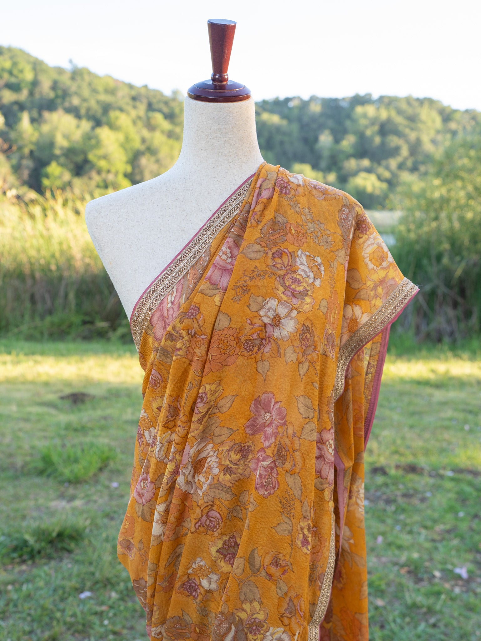 Rust printed chiffon saree