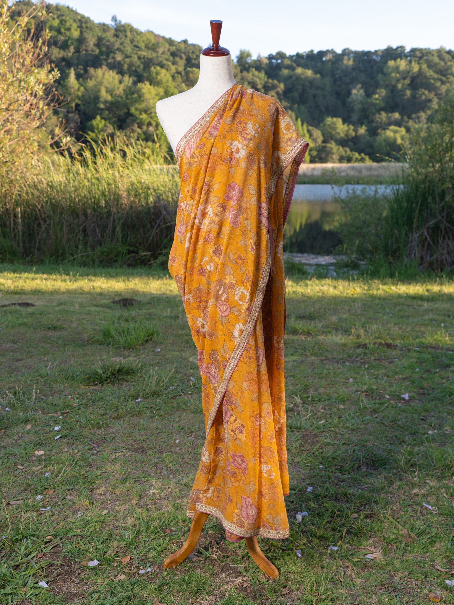 Rust printed chiffon saree