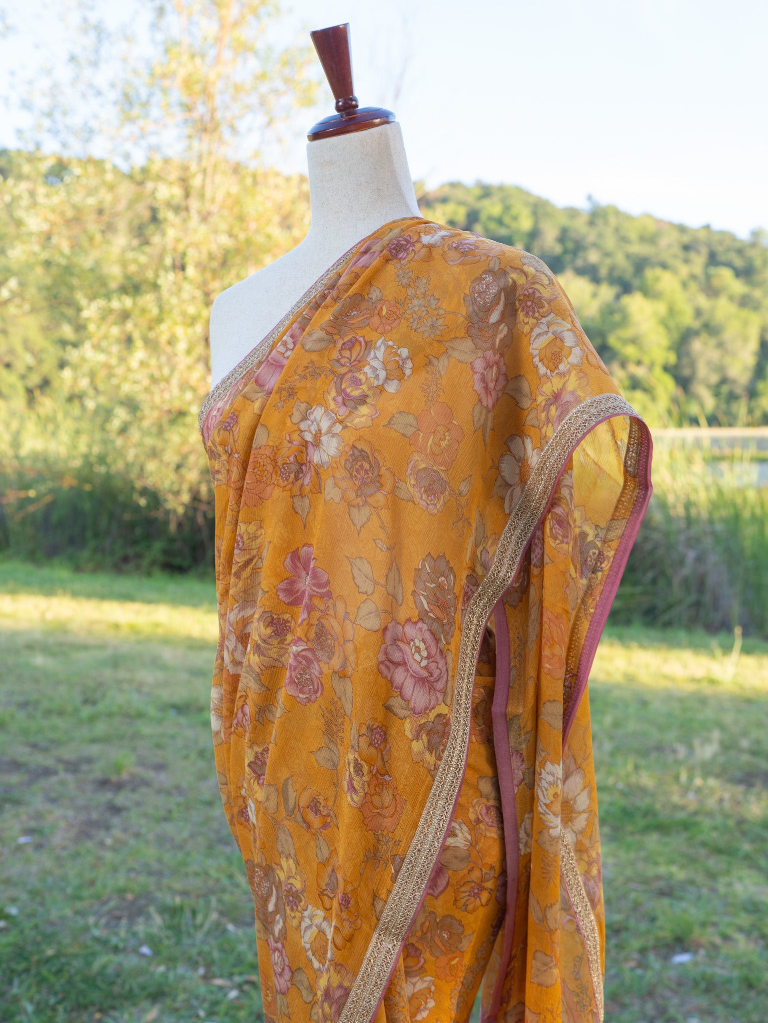 Rust printed chiffon saree