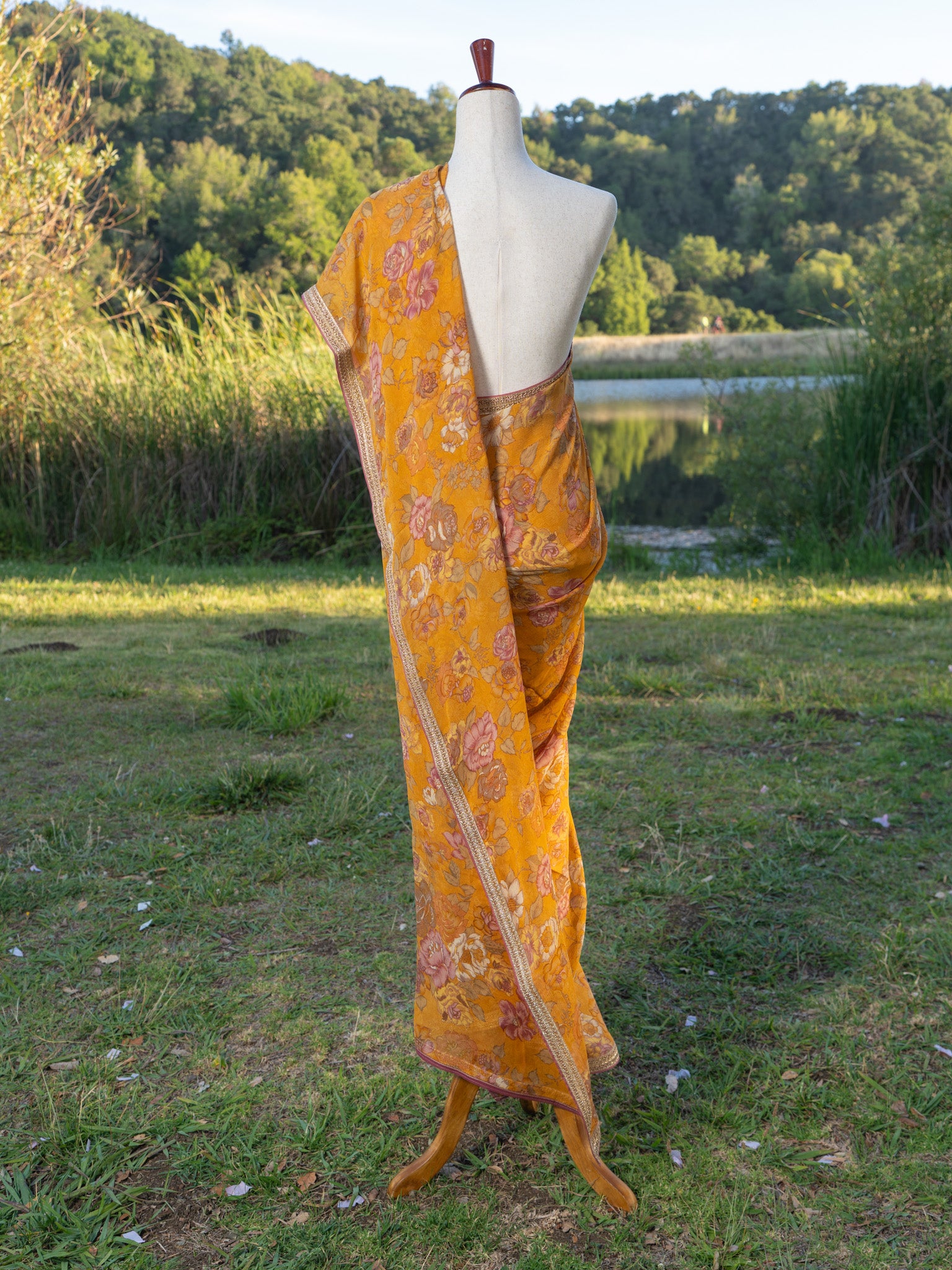 Rust printed chiffon saree