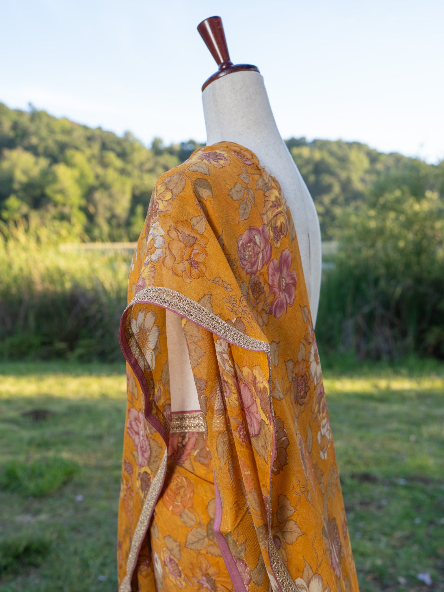 Rust printed chiffon saree