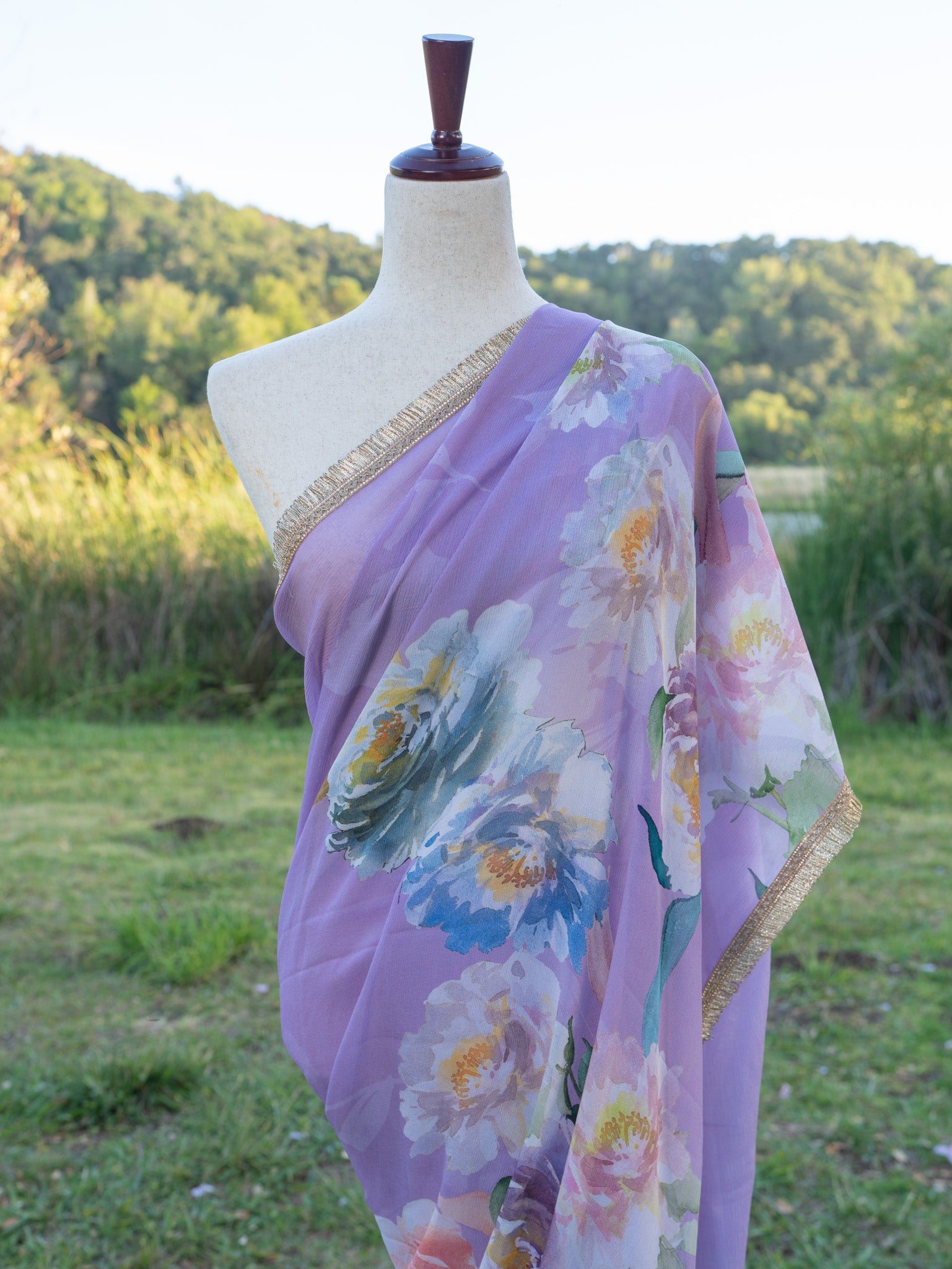 Lavender printed chiffon saree