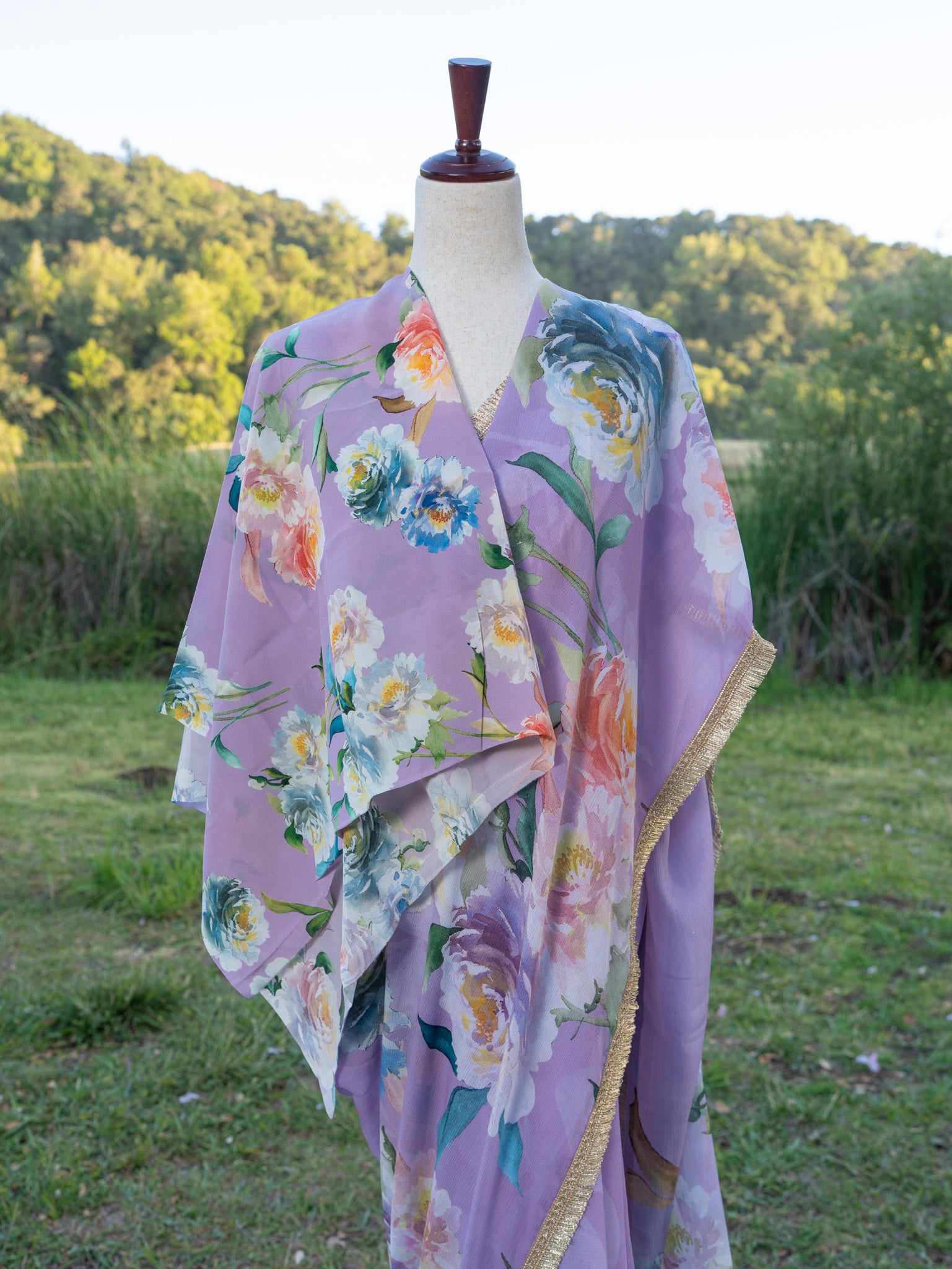 Lavender printed chiffon saree