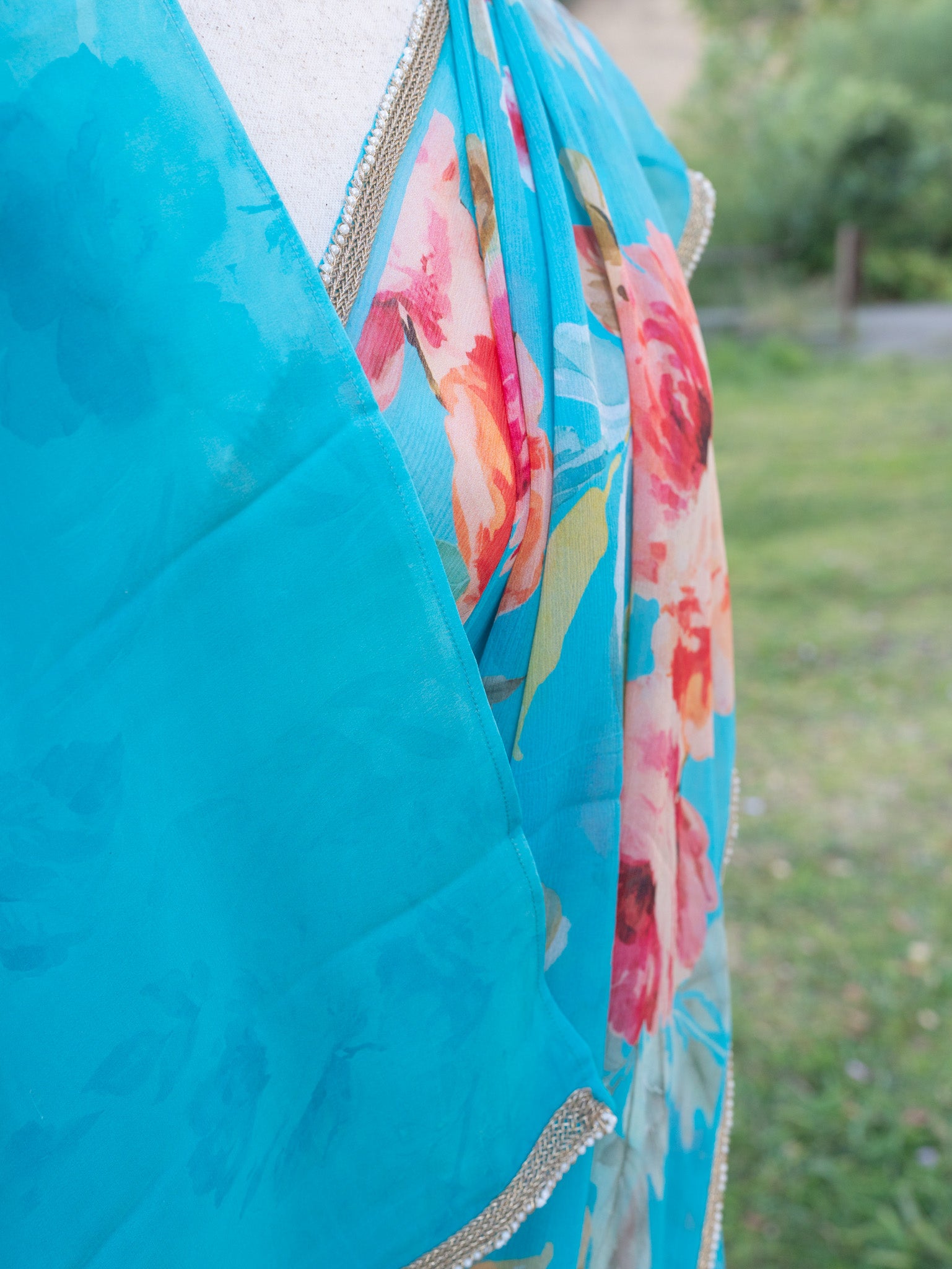 Blue printed chiffon saree
