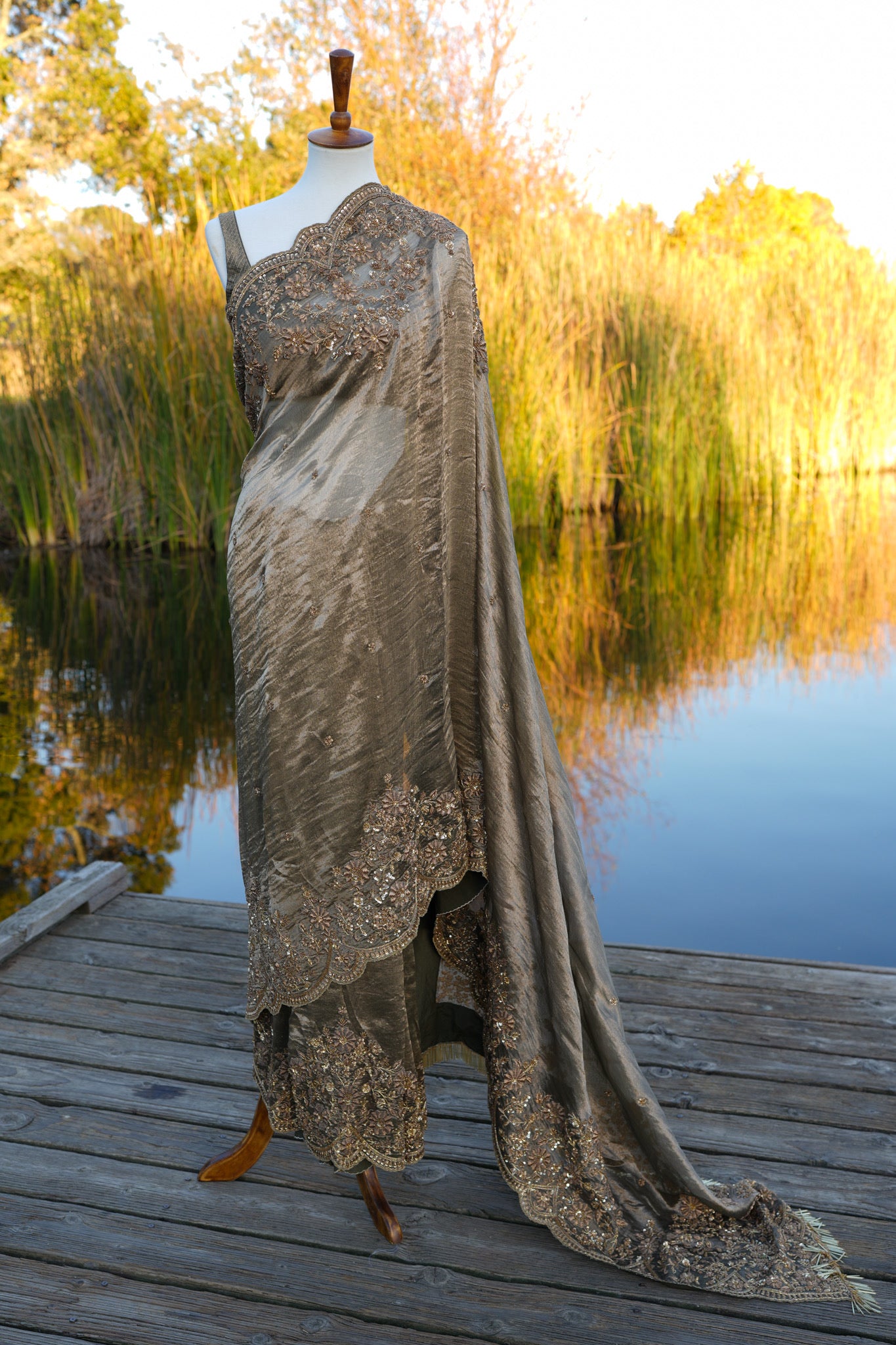 Tuscan Olive Embroidered Saree