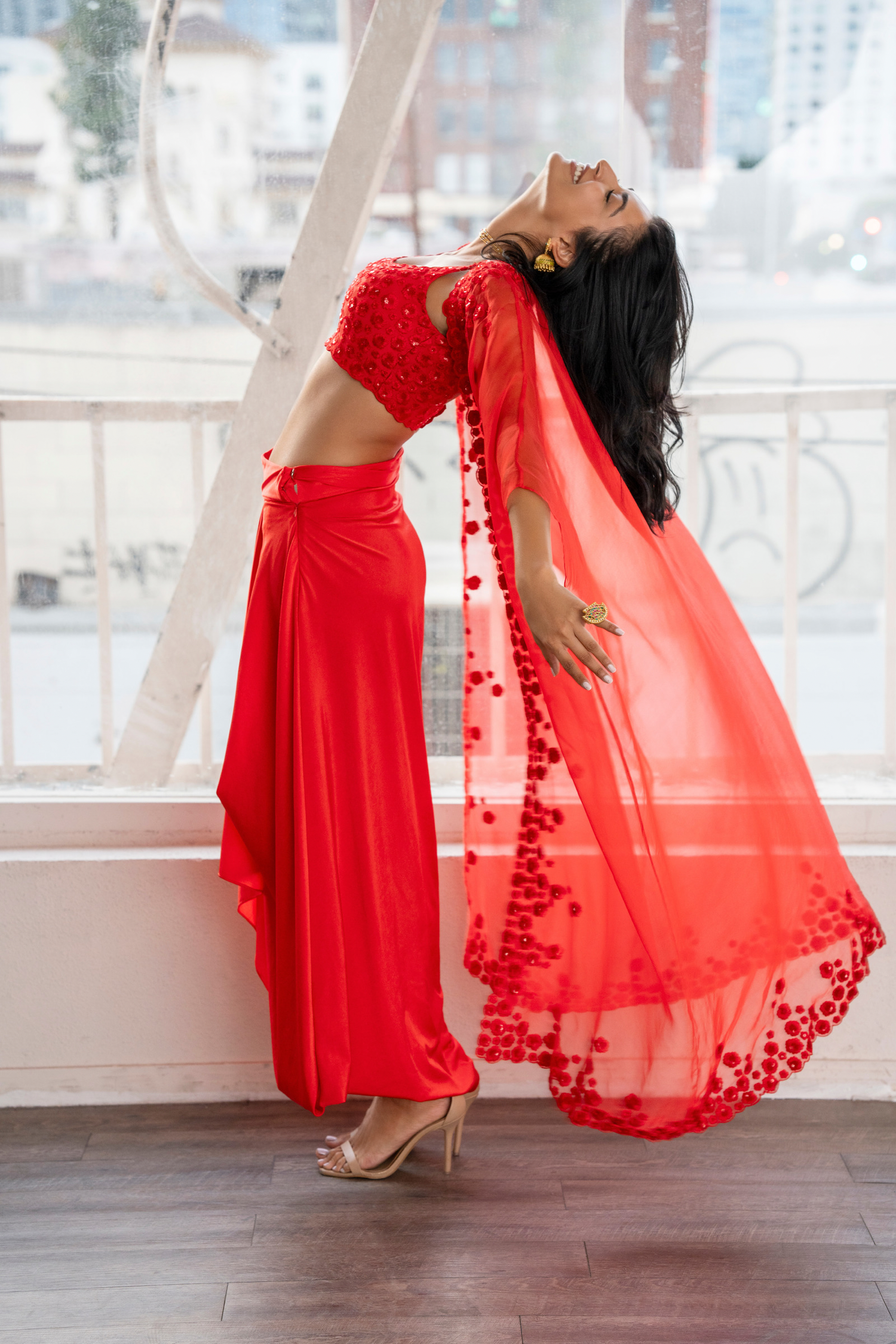 Red cape skirt set