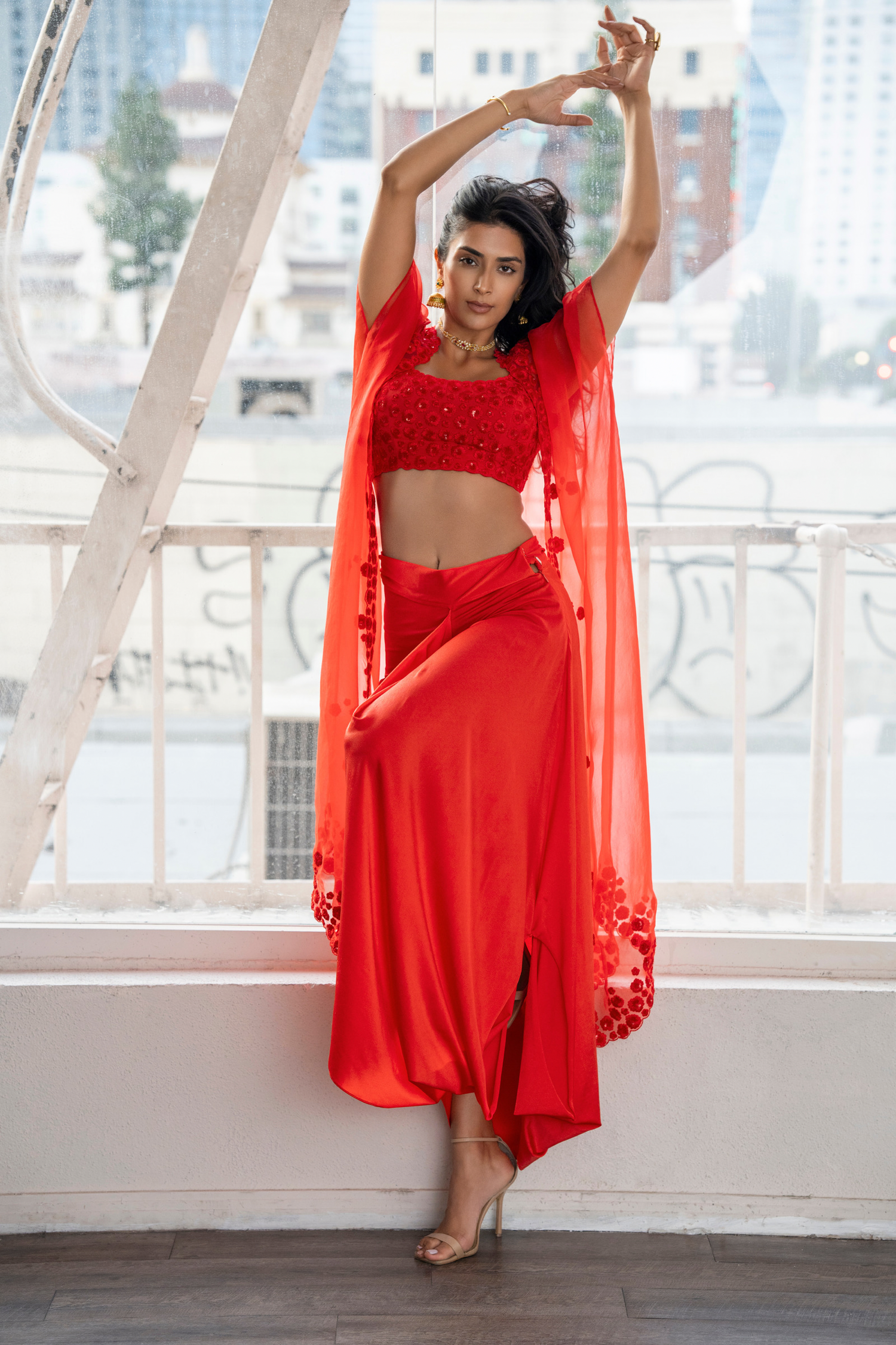 Red cape skirt set