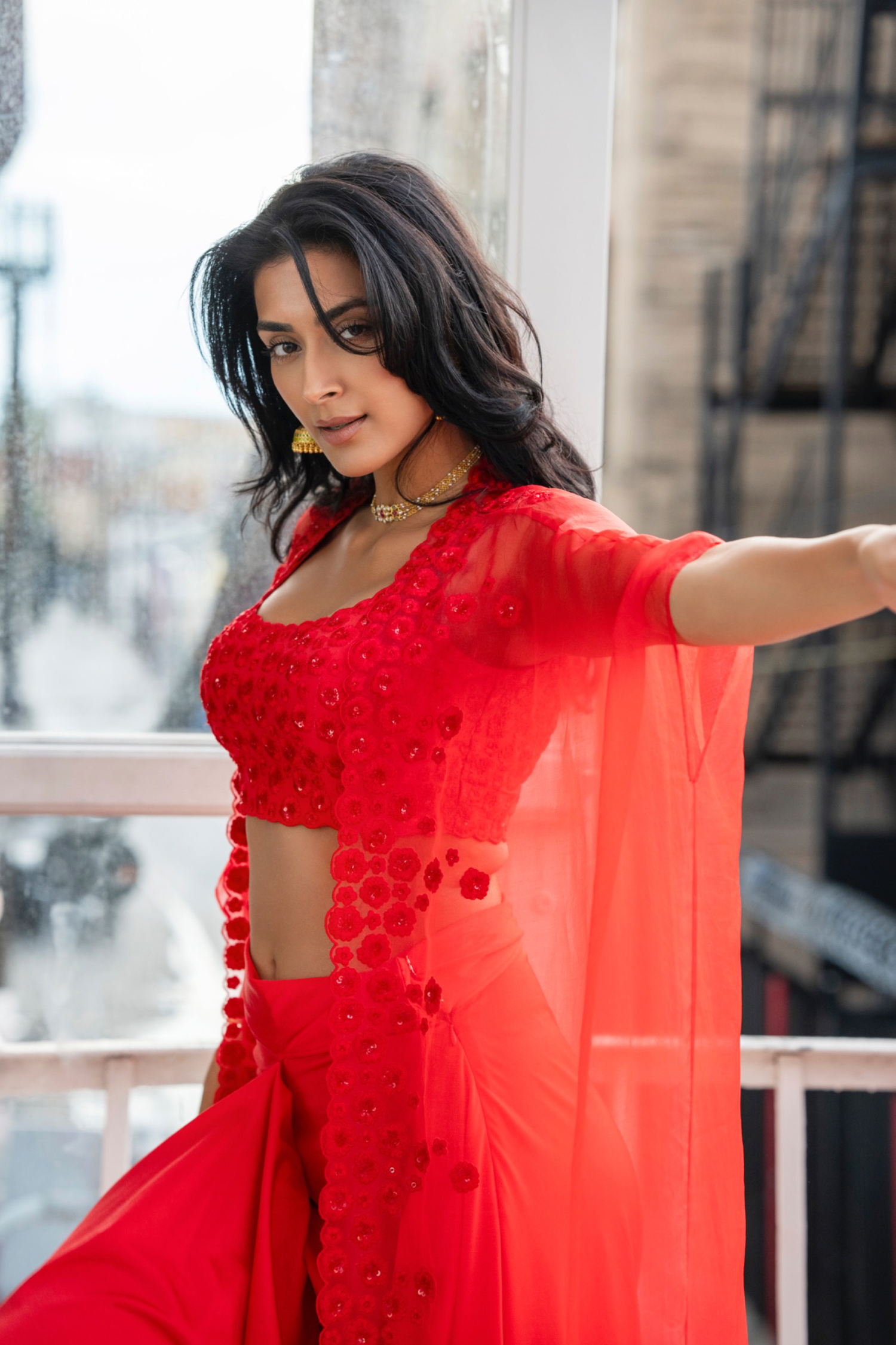 Red cape skirt set