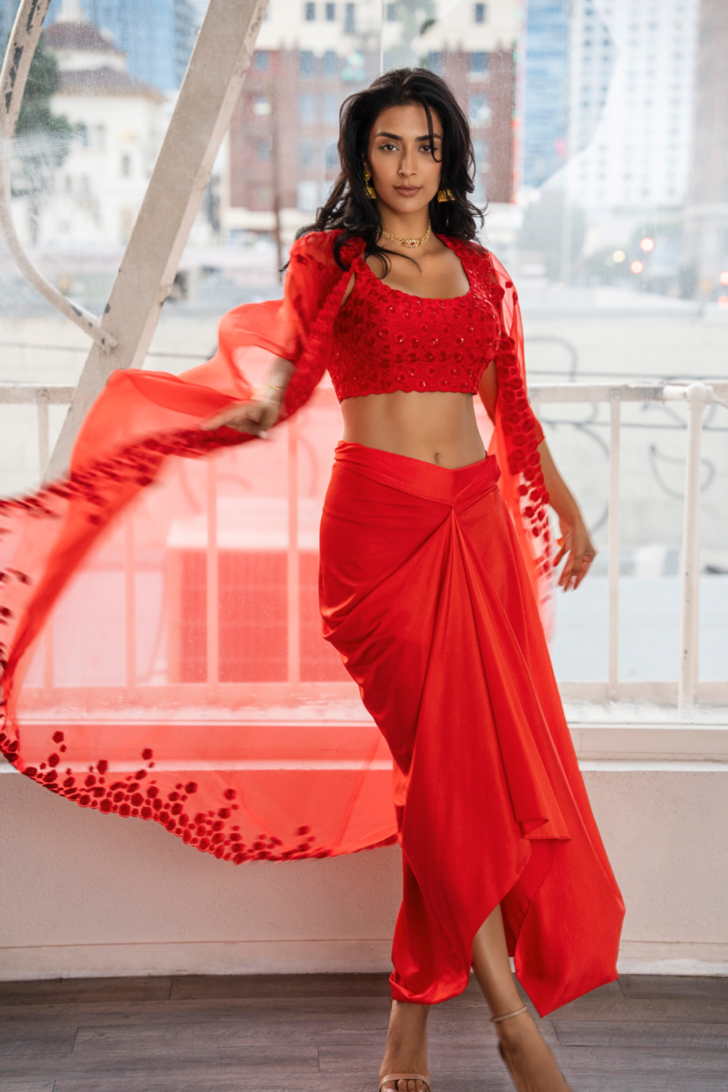 Red cape skirt set