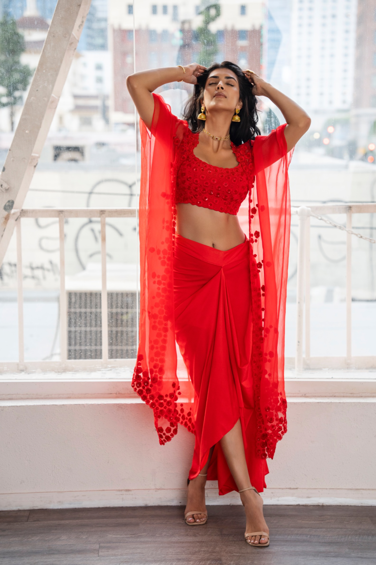 Red cape skirt set
