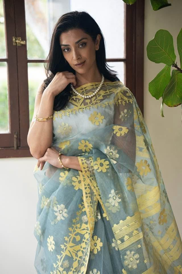 Jamdani of Cloud Laden Skies and Mustard Fields saree
