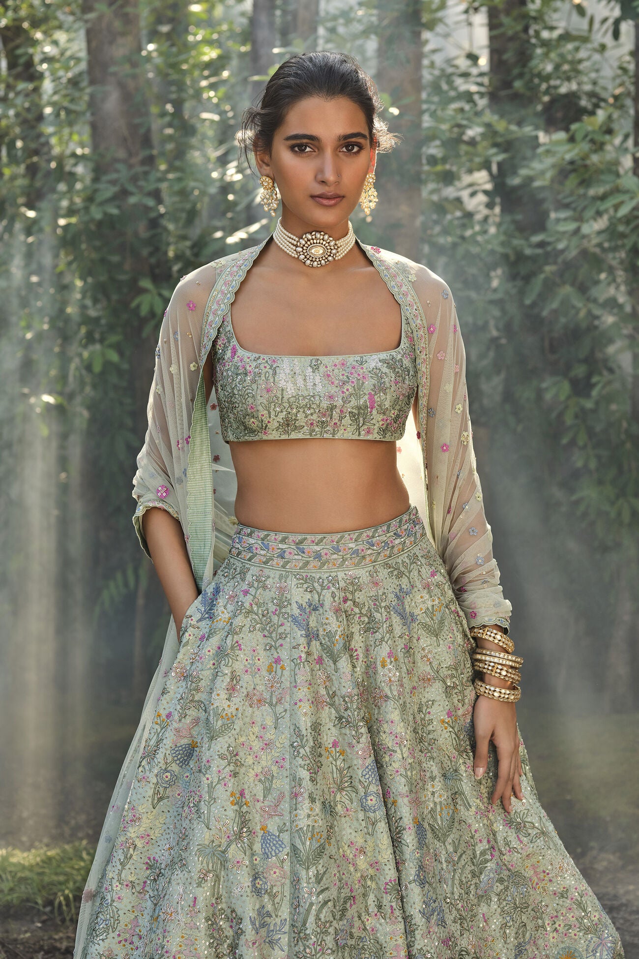 Alazani Embroidered Silk Lehenga Set - Sage