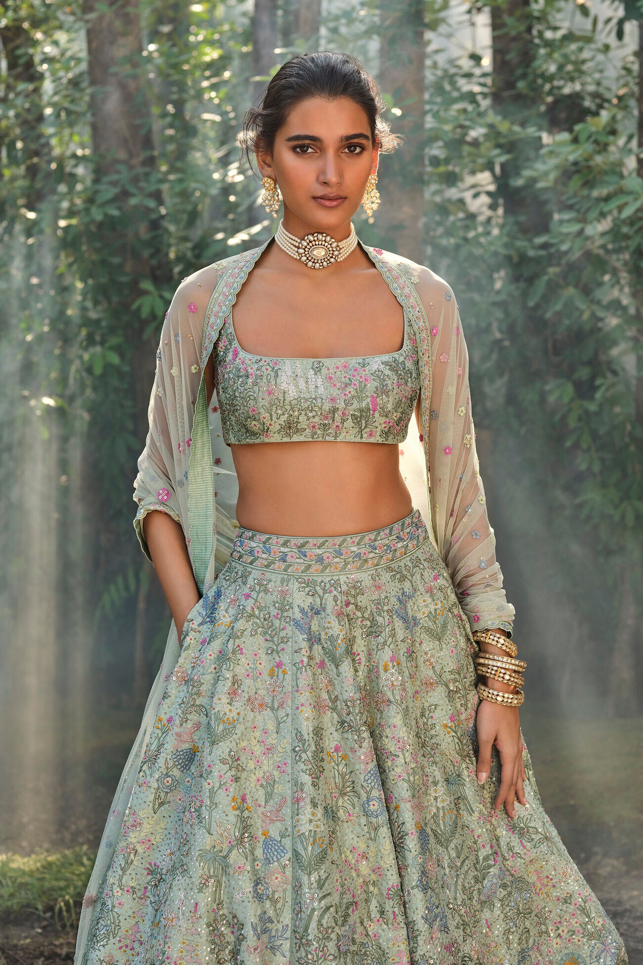 Alazani Embroidered Silk Lehenga Set - Sage