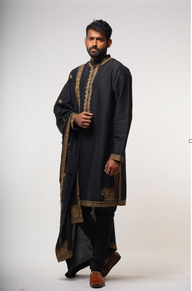 Black cotton silk embroidered kurta set