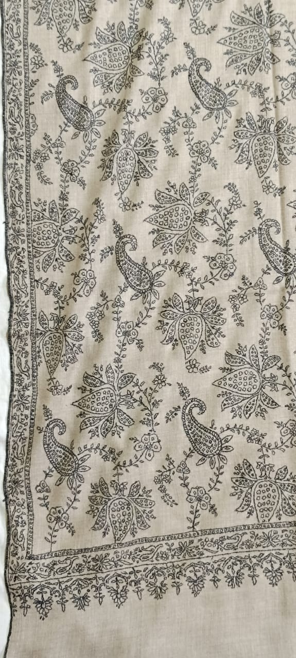 Black and Natural Color Embroidered Pashmina Shawl
