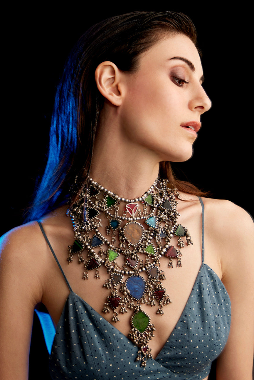Silver Colored Glass Beaded Multi Drop Necklace