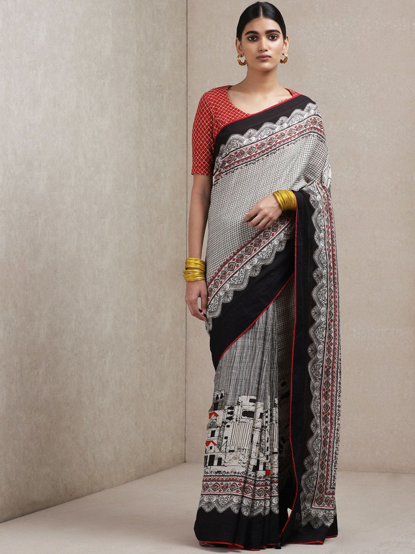 Black and Red Geometric Print Saree