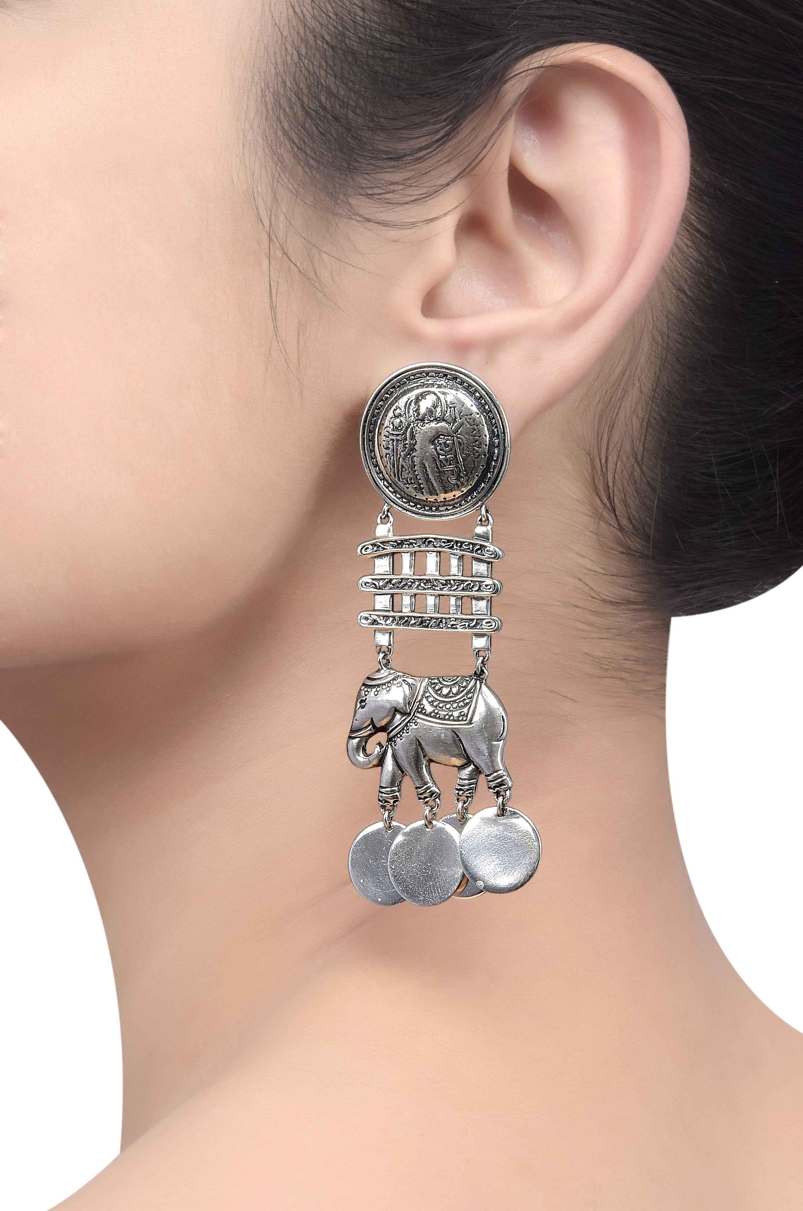 Silver Oxidized Coin Maurya Elephant Earrings