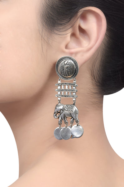 Silver Oxidized Coin Maurya Elephant Earrings – Pia Ka Ghar