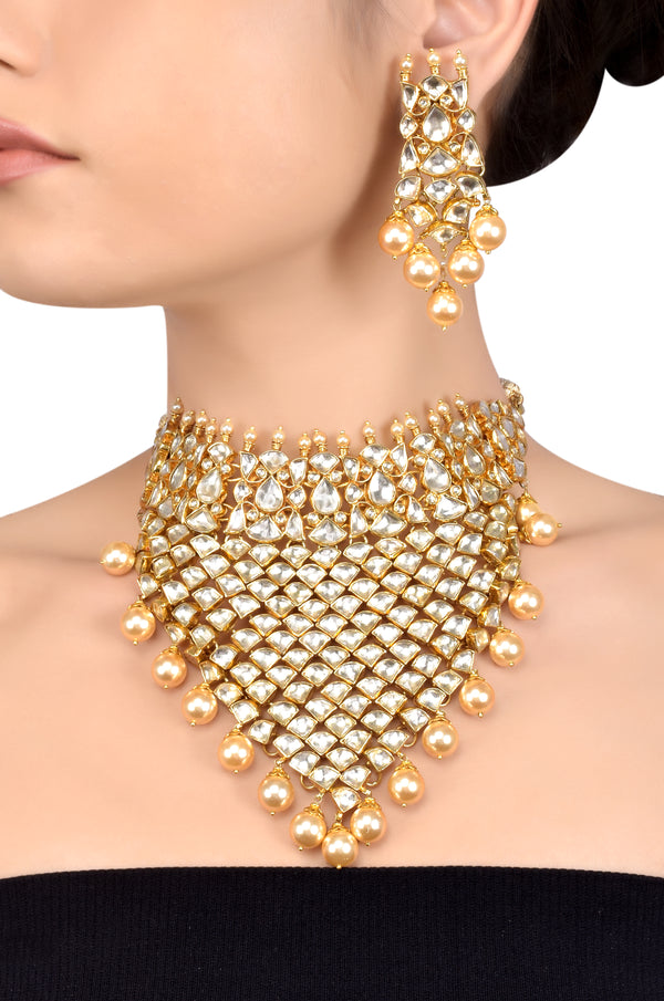 Silver Gold Plated Interlinked Multi Crystal Pearl Necklace Set