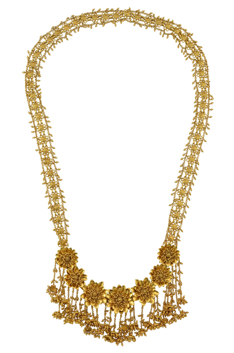 Silver Gold Plated Multi Flower Rawa Cluster Drop Long Necklace