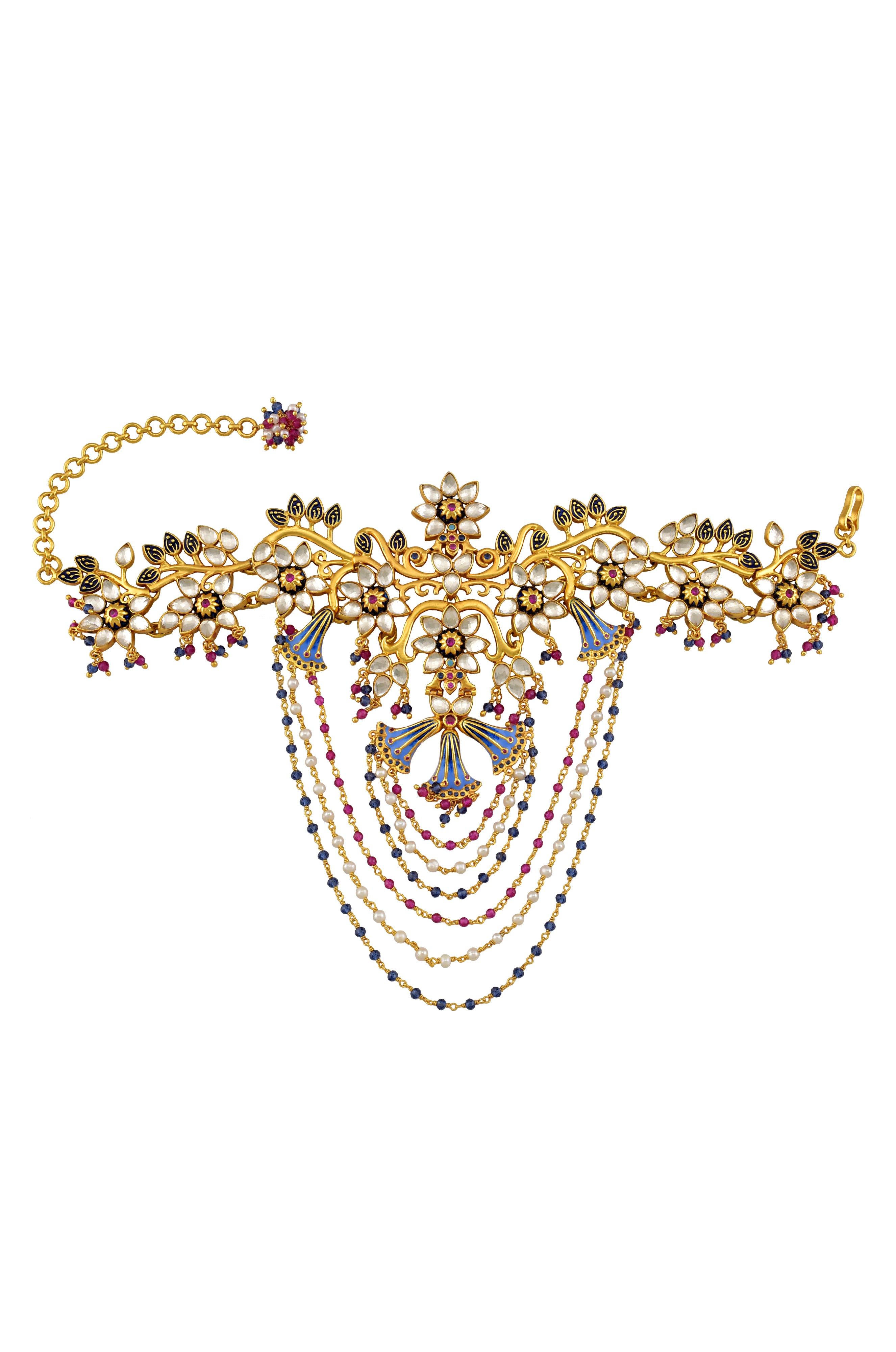 Silver Gold Plated Enamelled Multi Glass Tassel Floral Bazubandh