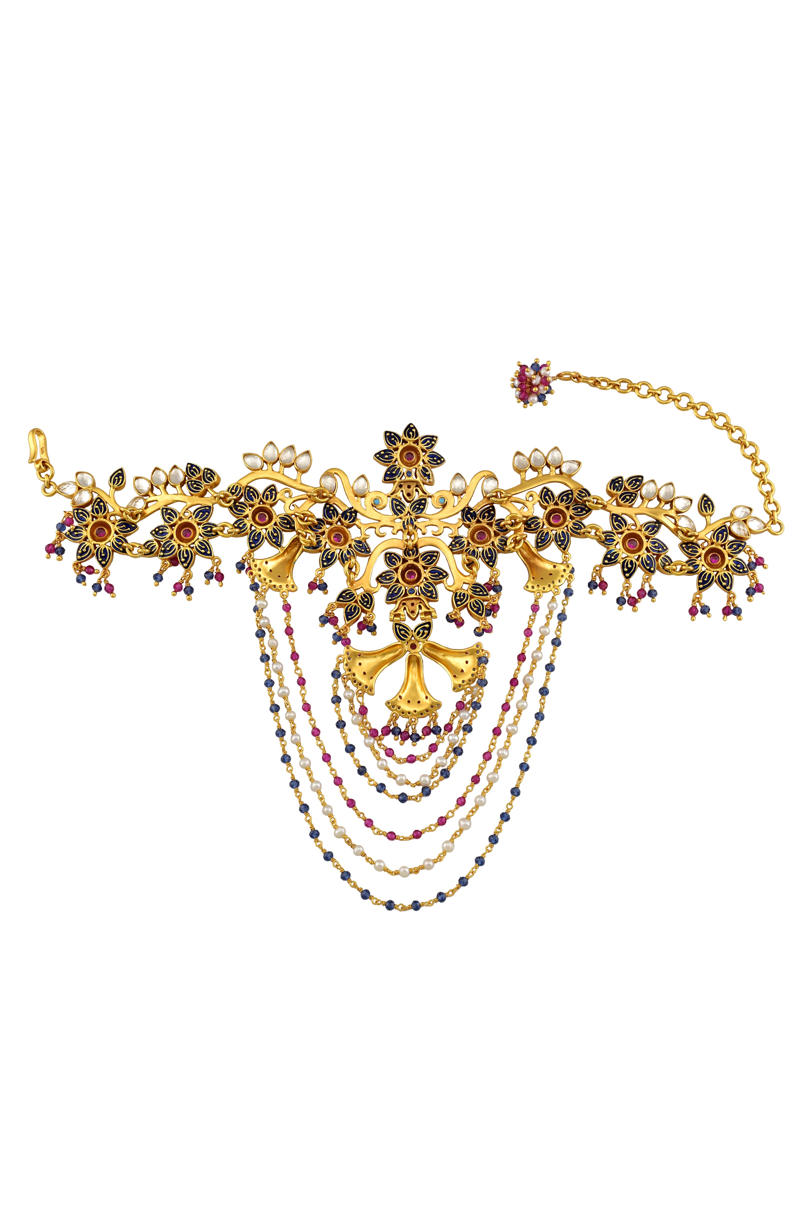 Silver Gold Plated Enamelled Multi Glass Tassel Floral Bazubandh