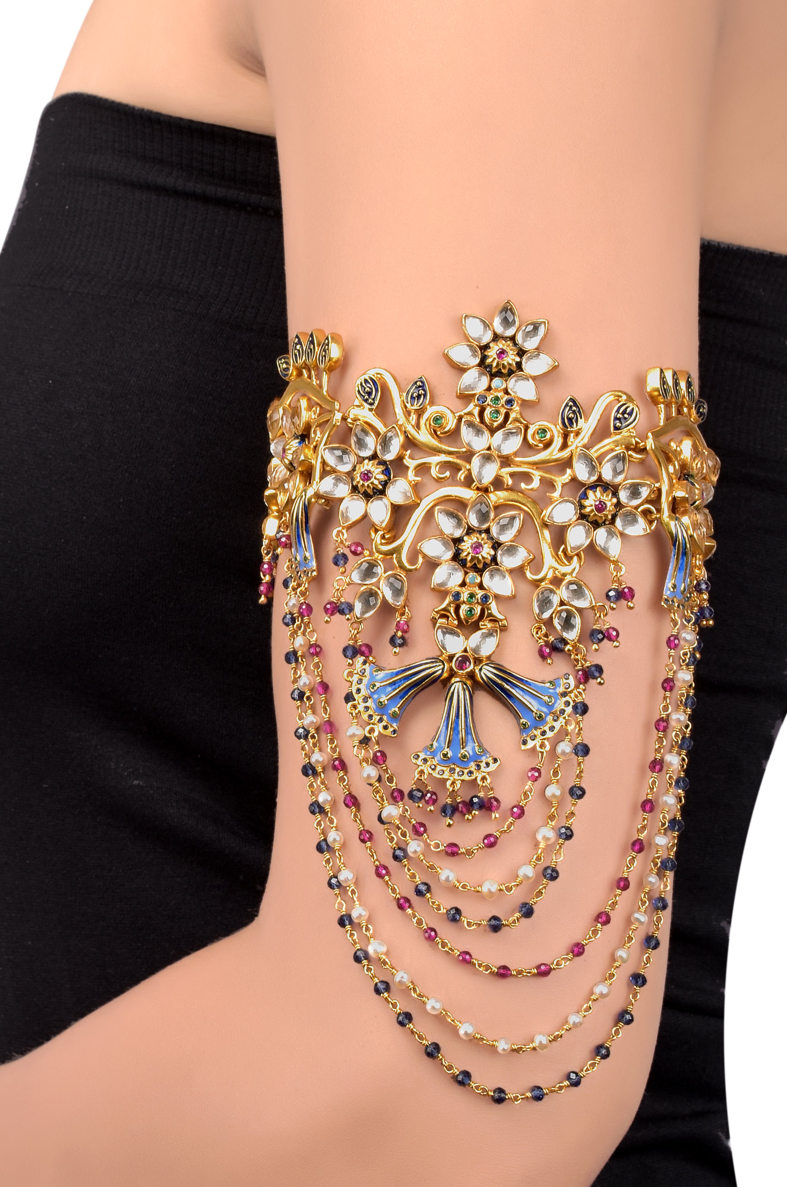 Silver Gold Plated Enamelled Multi Glass Tassel Floral Bazubandh