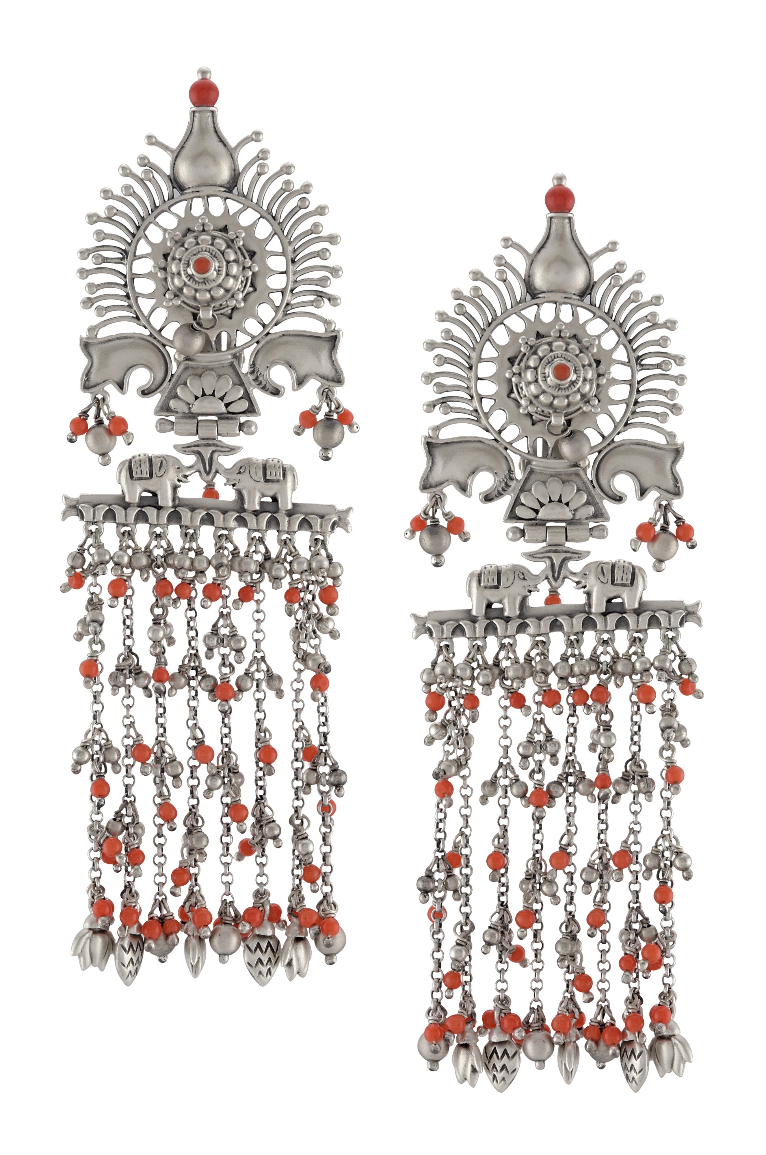 Silver Oxidised Elephant Coral Beaded Tassel Earrings