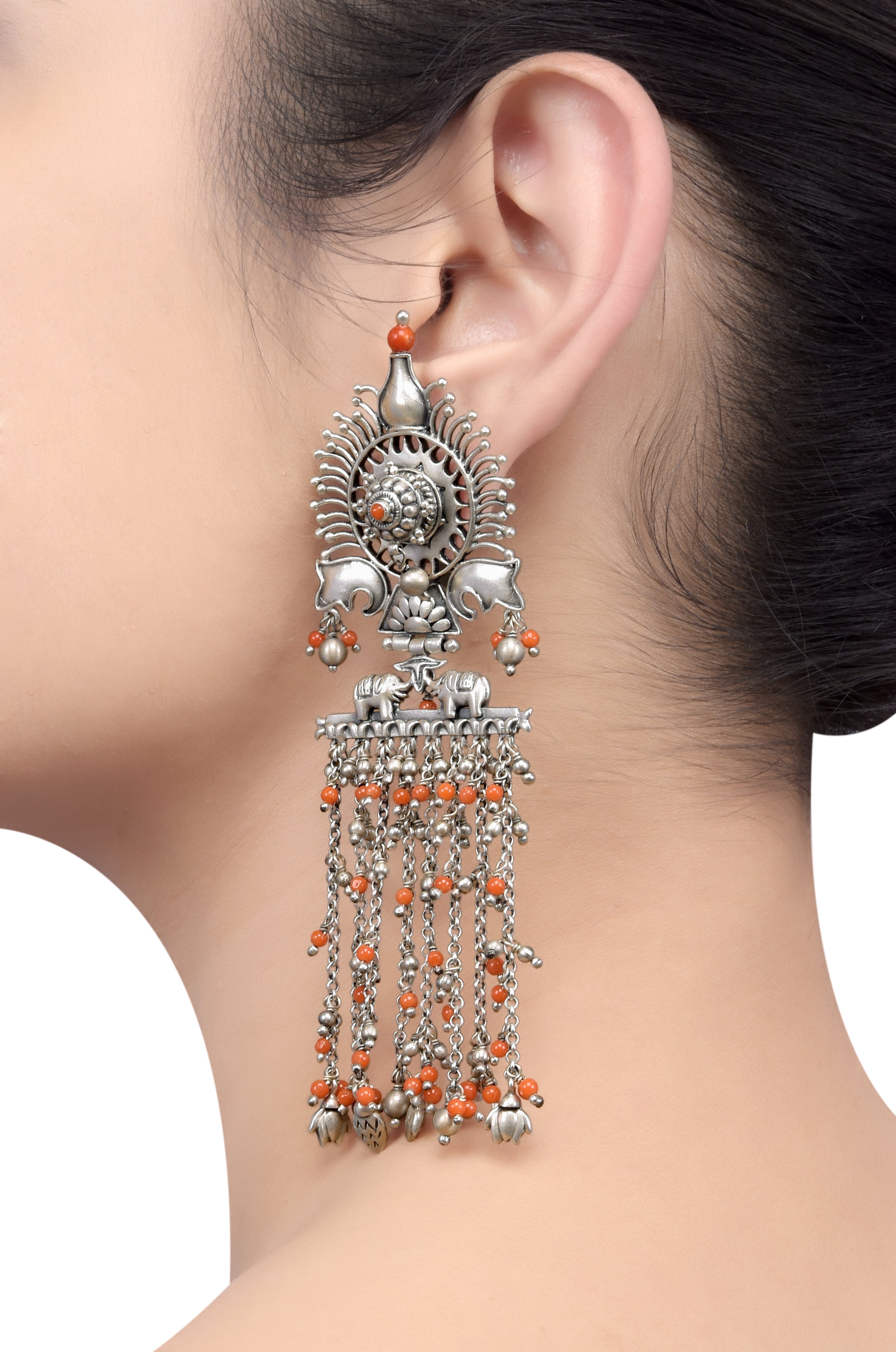 Silver Oxidised Elephant Coral Beaded Tassel Earrings