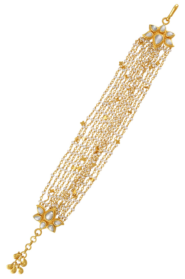 Silver Gold Plated Lotus Multi Strand Pearl Bracelet