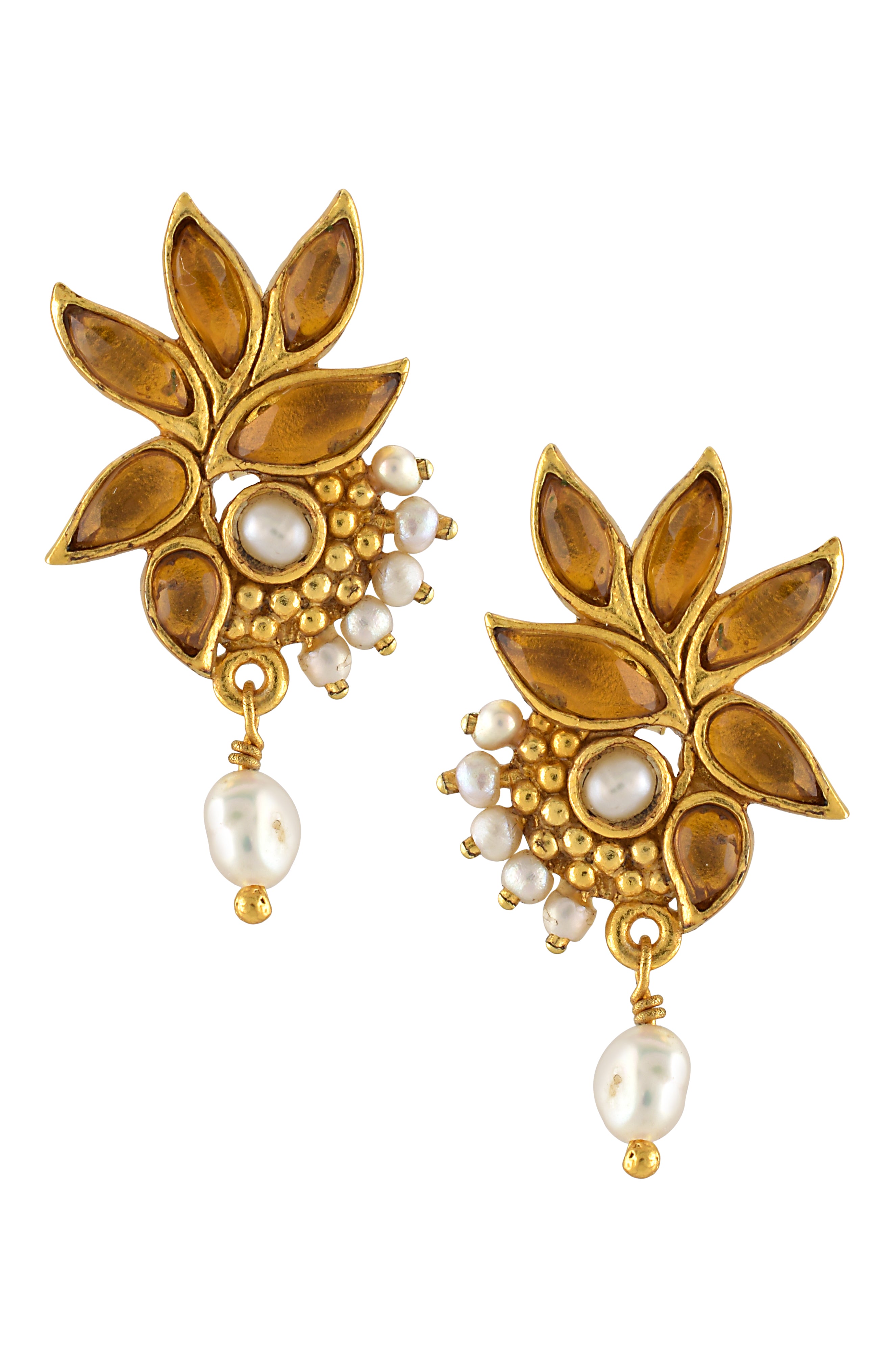 Silver Gold Plated Citrine Leaf Pearl Drop Earrings