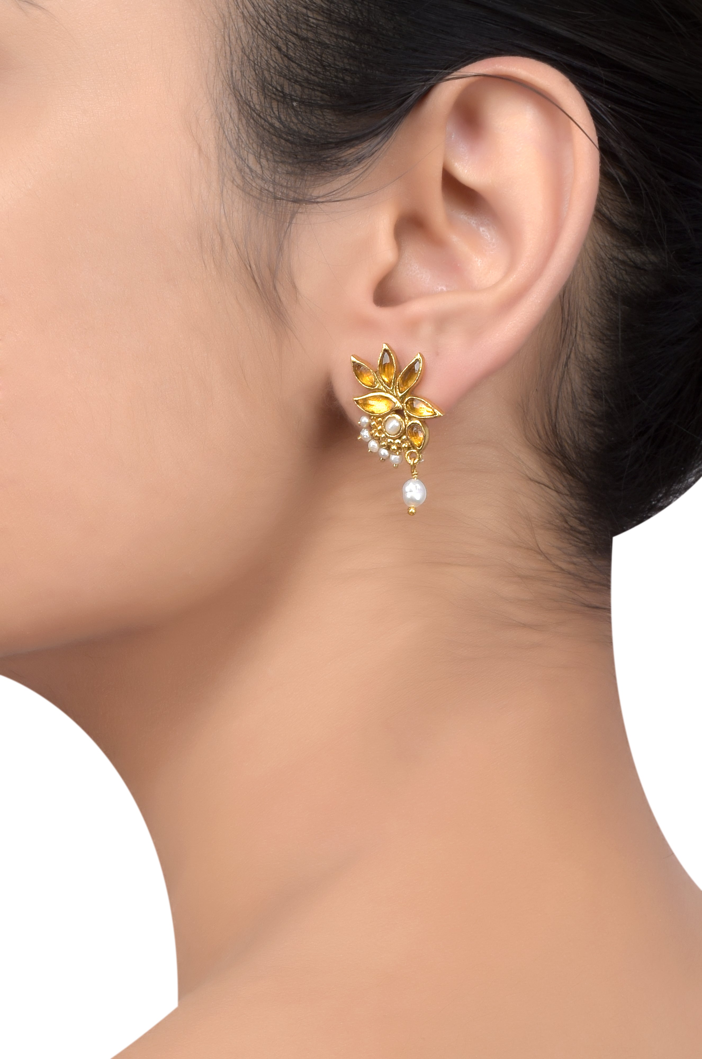Silver Gold Plated Citrine Leaf Pearl Drop Earrings