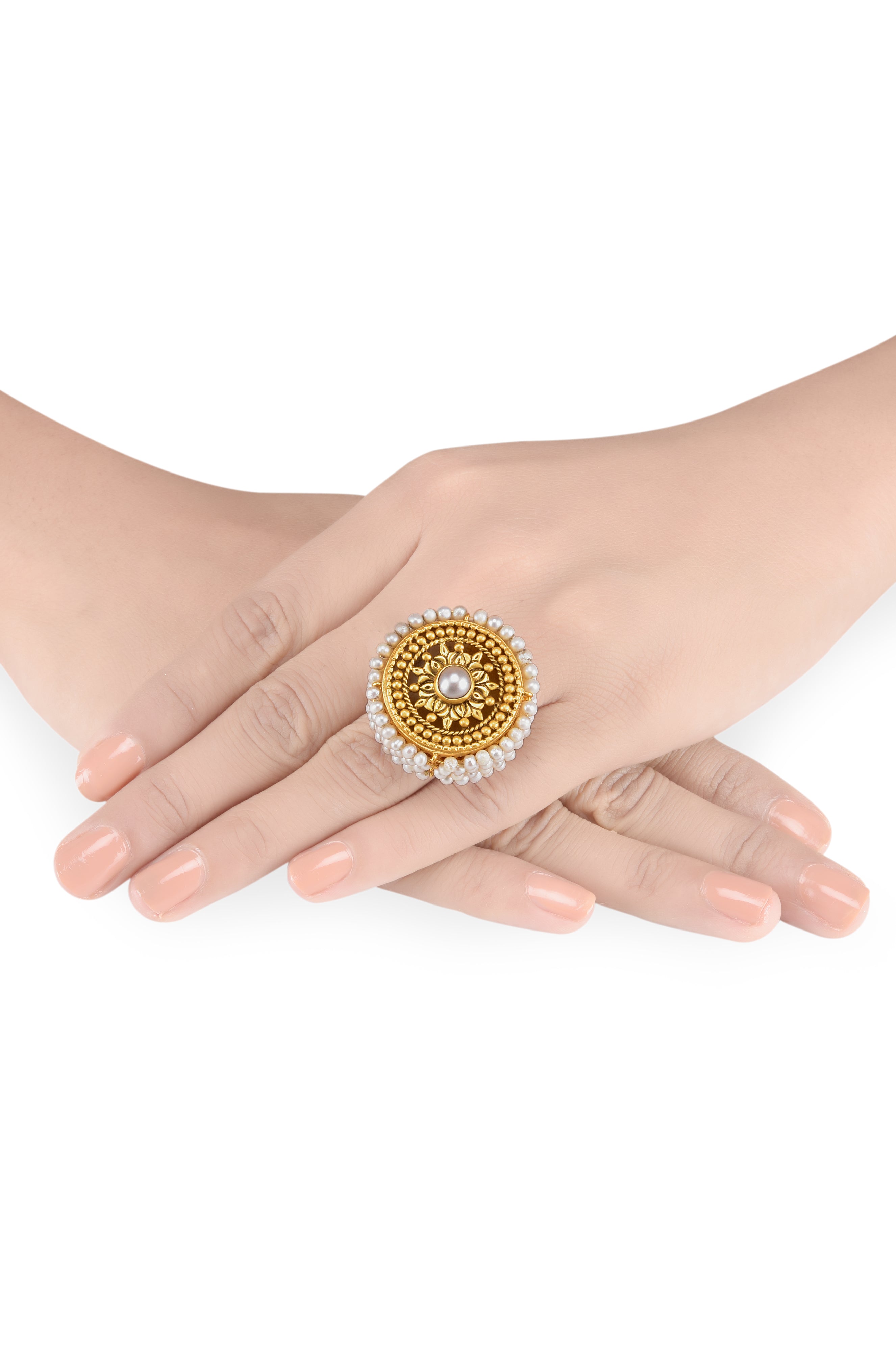 Amrapali Silver Gold Plated Pearl Embellished Ring