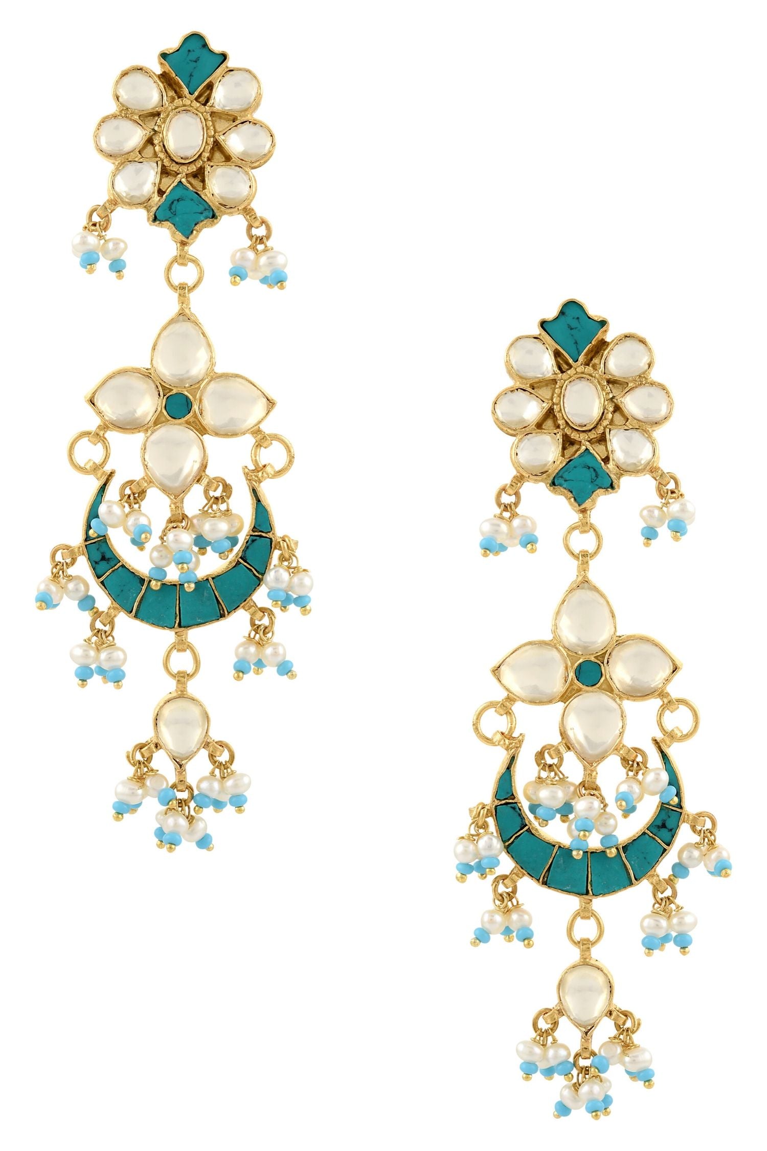 Silver Gold Plated Apsara Turquoise White Chand Necklace Set