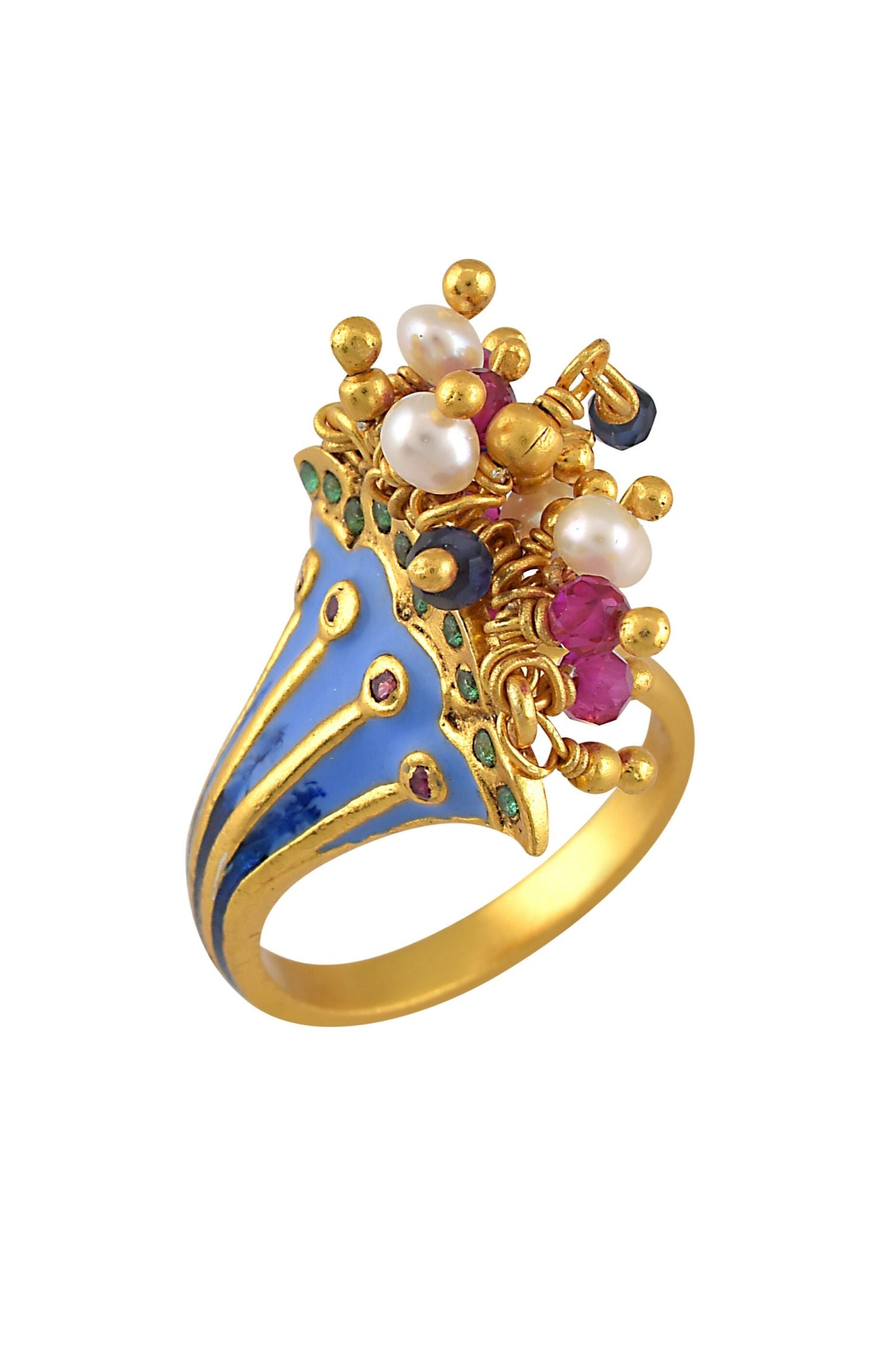 SILVER GOLD PLATED BAAHUBLI ENAMELLEDLED FAN CLUSTER RING