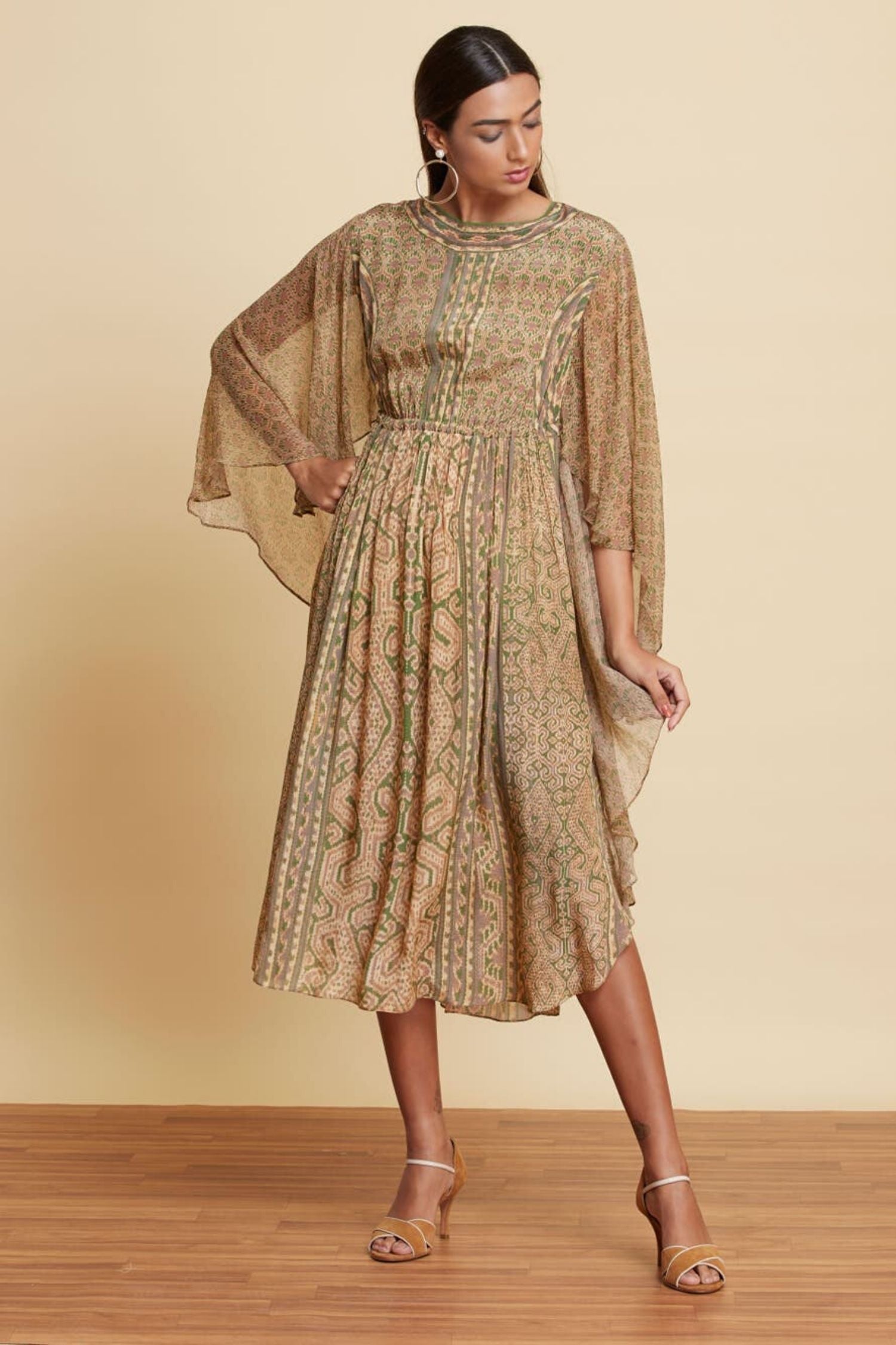 Beige and Green Abstract Printed Short Dress