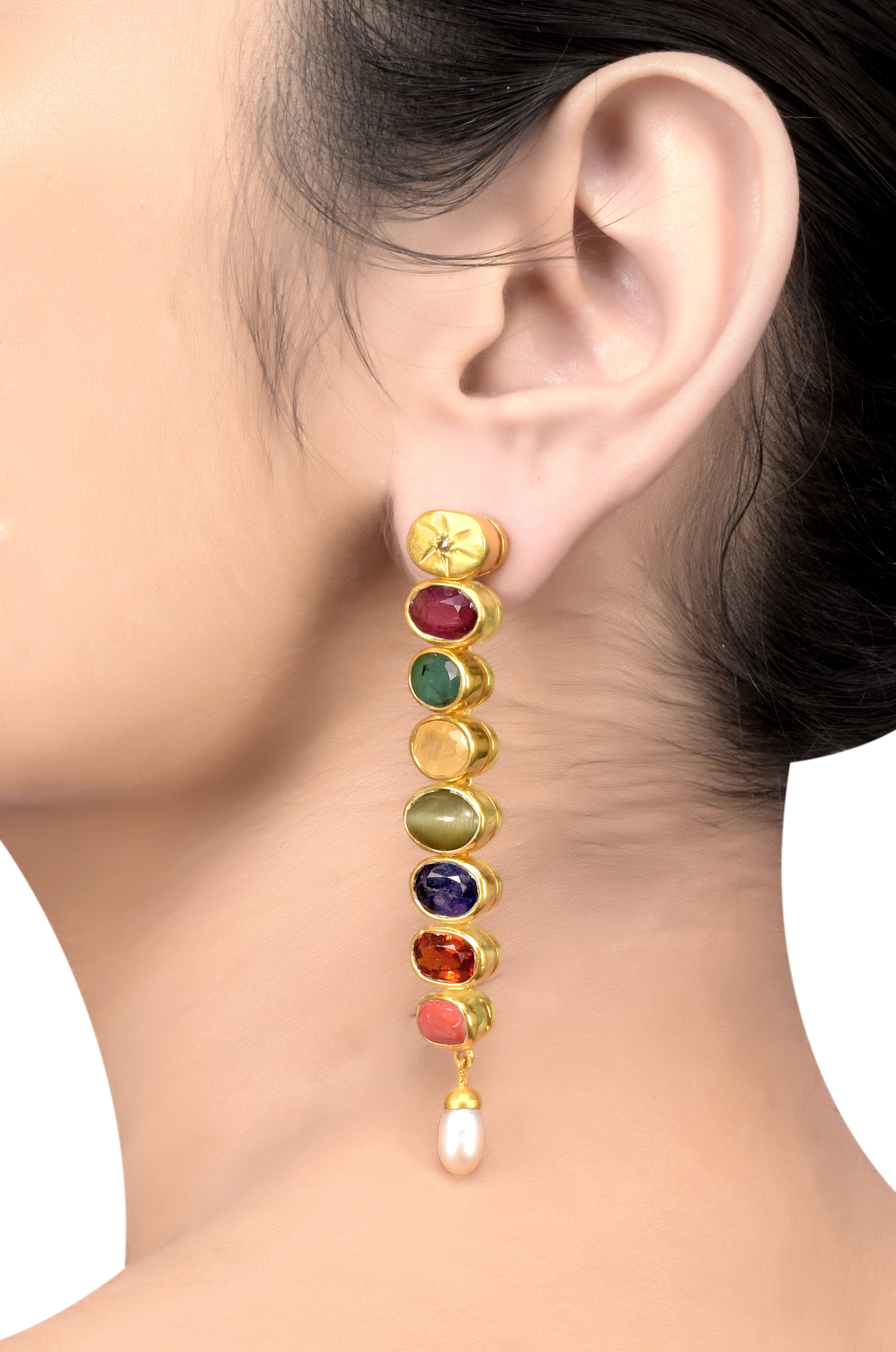 Silver Gold Plated Navratna Oval Star Earrings