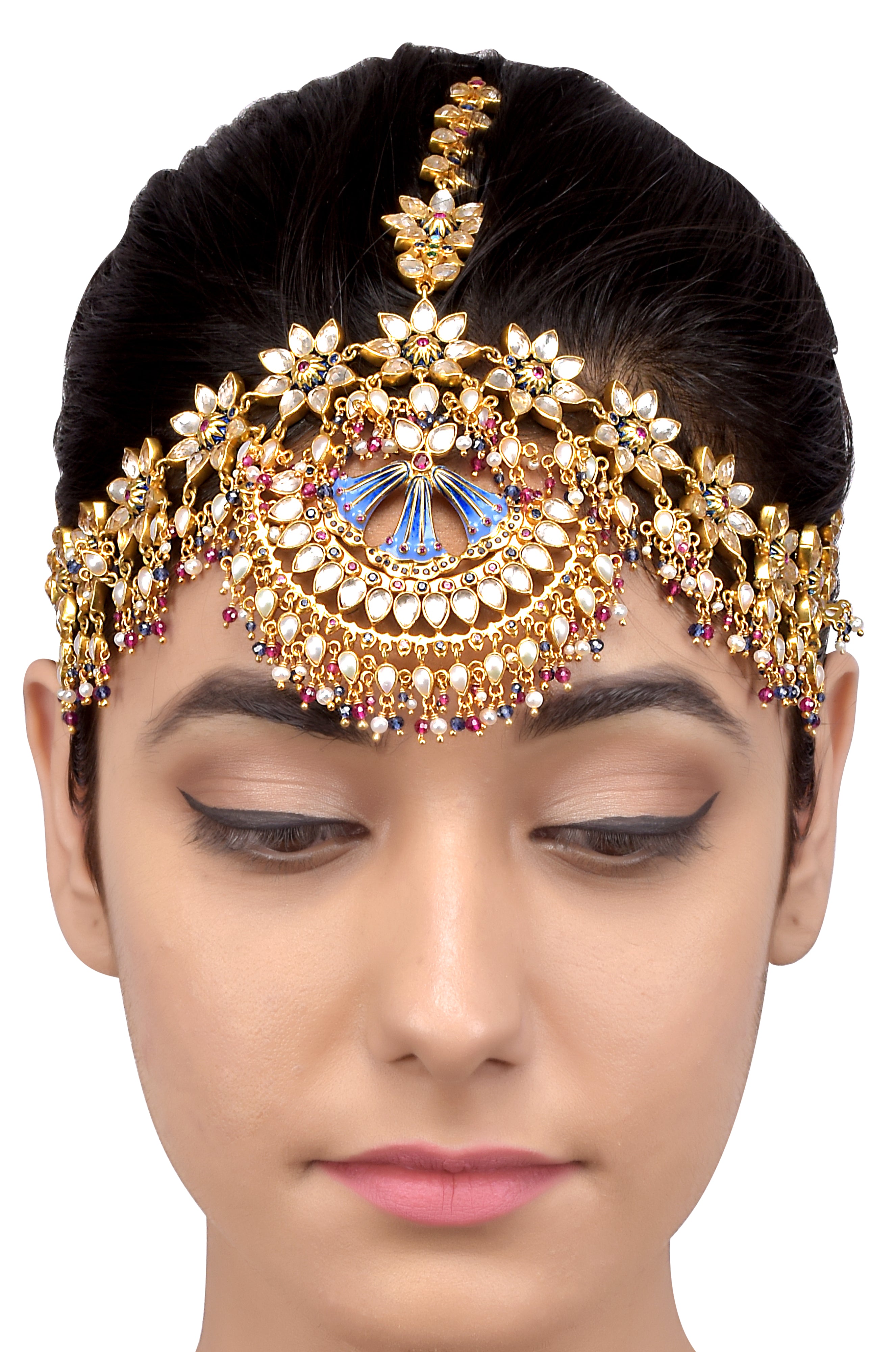 Silver Gold Plated Multi Floral Enamelled Crystal Pearl Moon Maathapatti