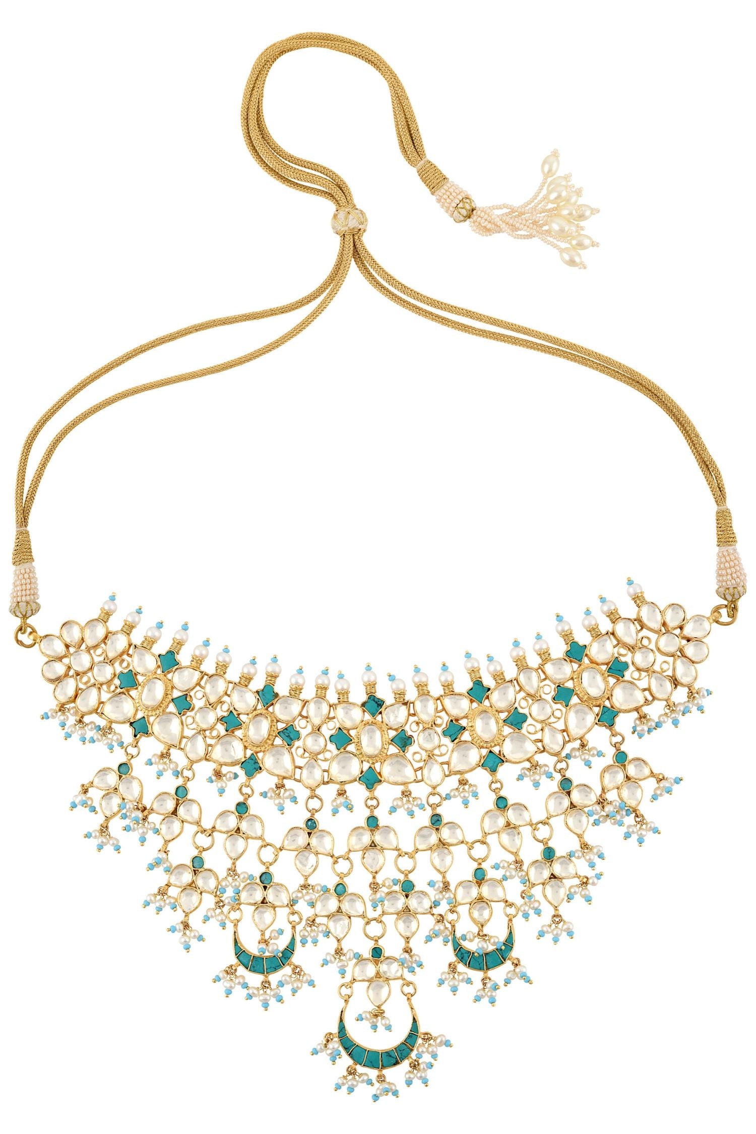 Silver Gold Plated Apsara Turquoise White Chand Necklace Set