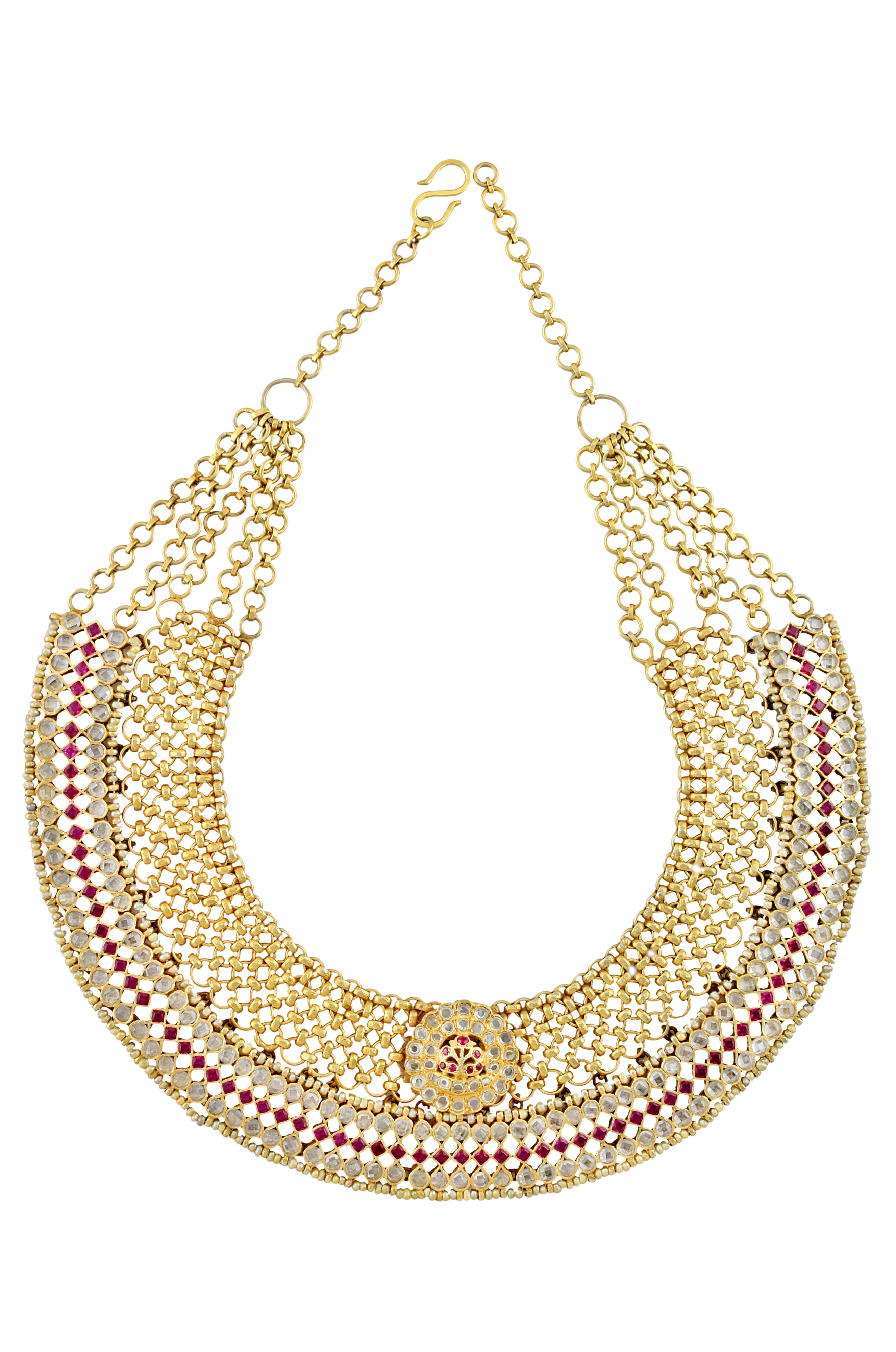 Silver Gold Plated Crystal Studded Interlinked Pear Rhomb Floral Necklace