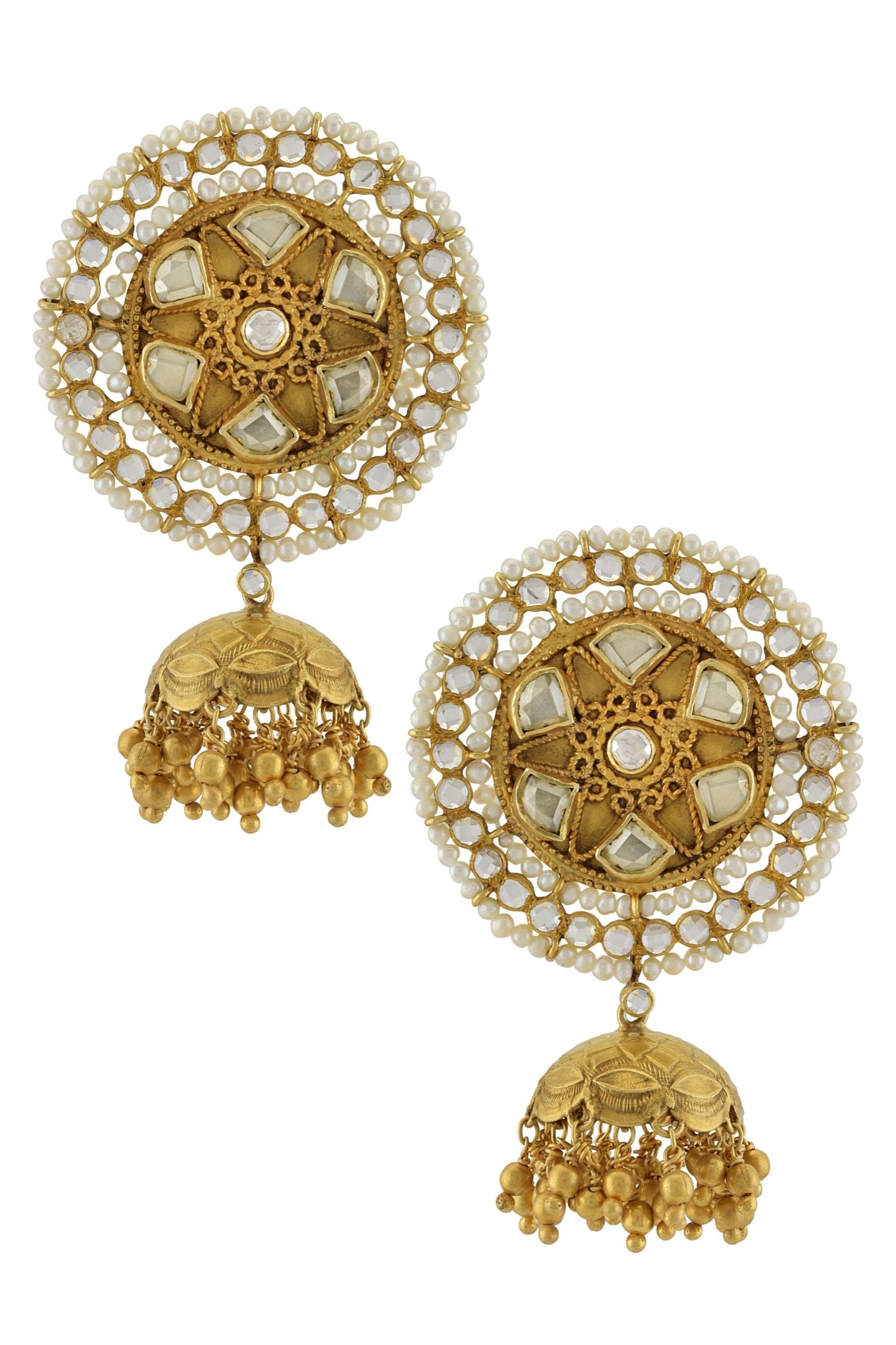 Silver Twisted Wire Pearl Crystal Bead Jhumki Earrings